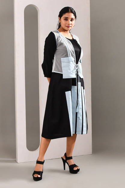 Black Blended Cotton Abstract Patterned Dress - Golden Muslin