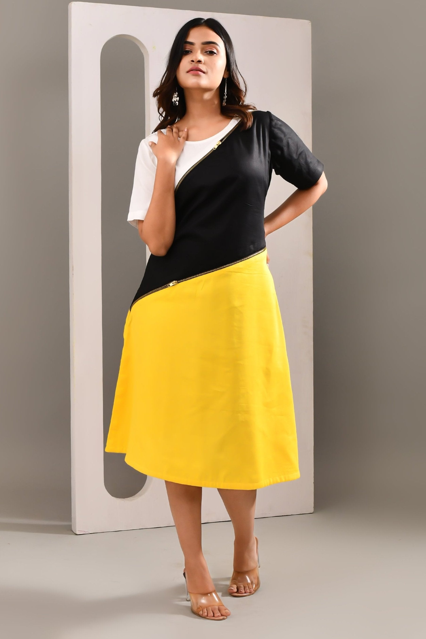 Multicolored Blended Cotton Solid Textured Dress - Golden Muslin