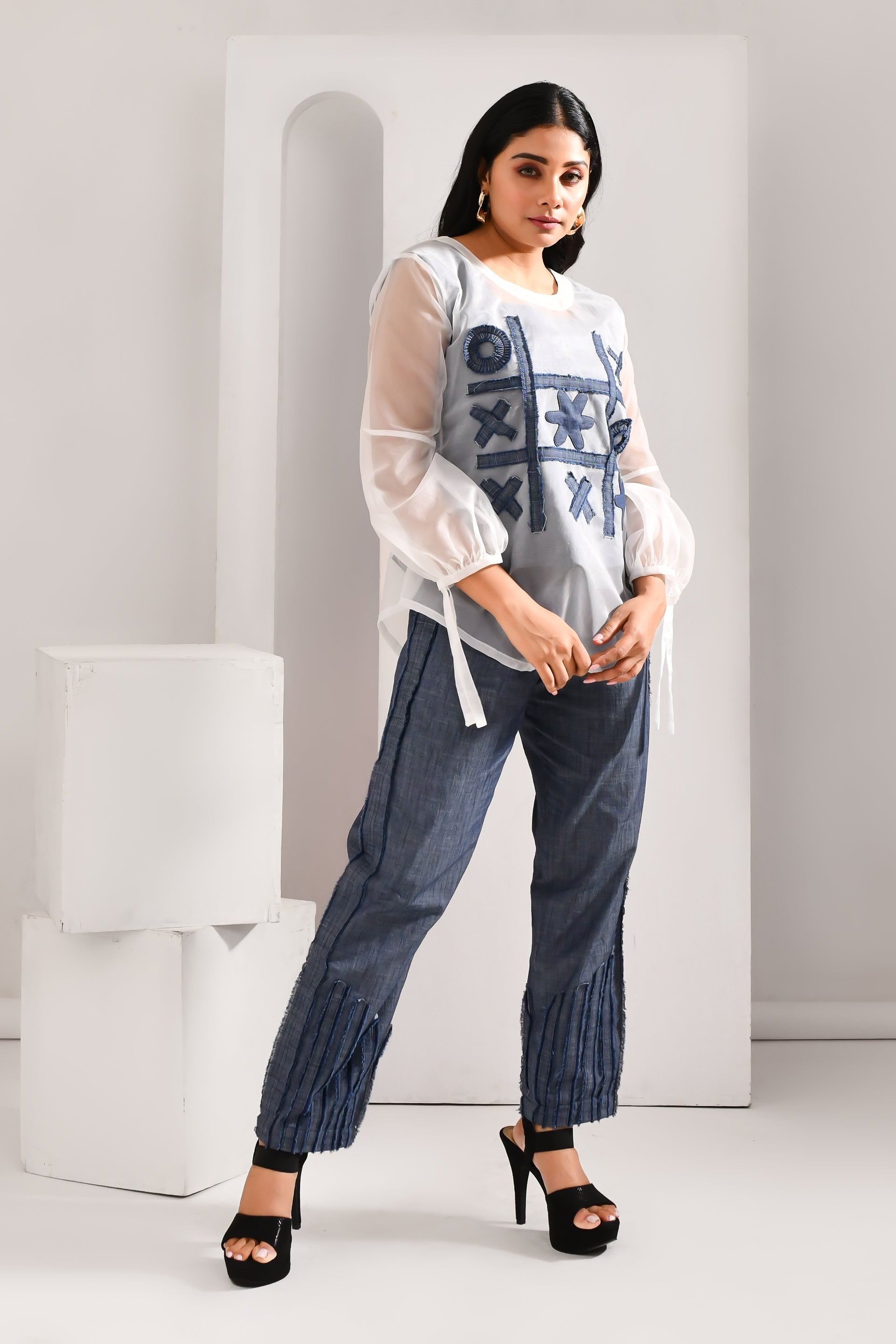 White & Blue Denim & Blended Cotton Co Ord Set - Golden Muslin