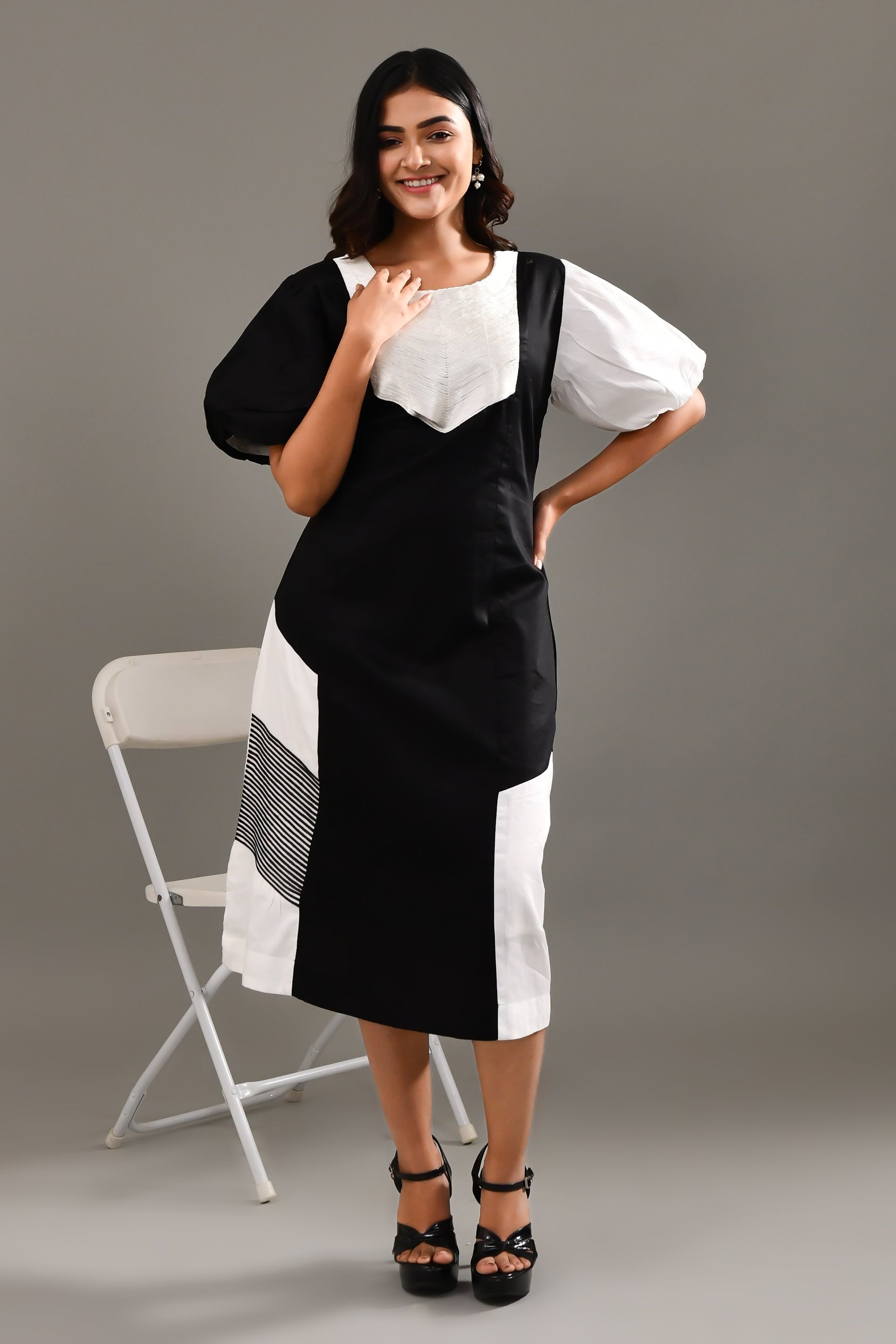 Black & White Blended Cotton Self Textured Dress - Golden Muslin