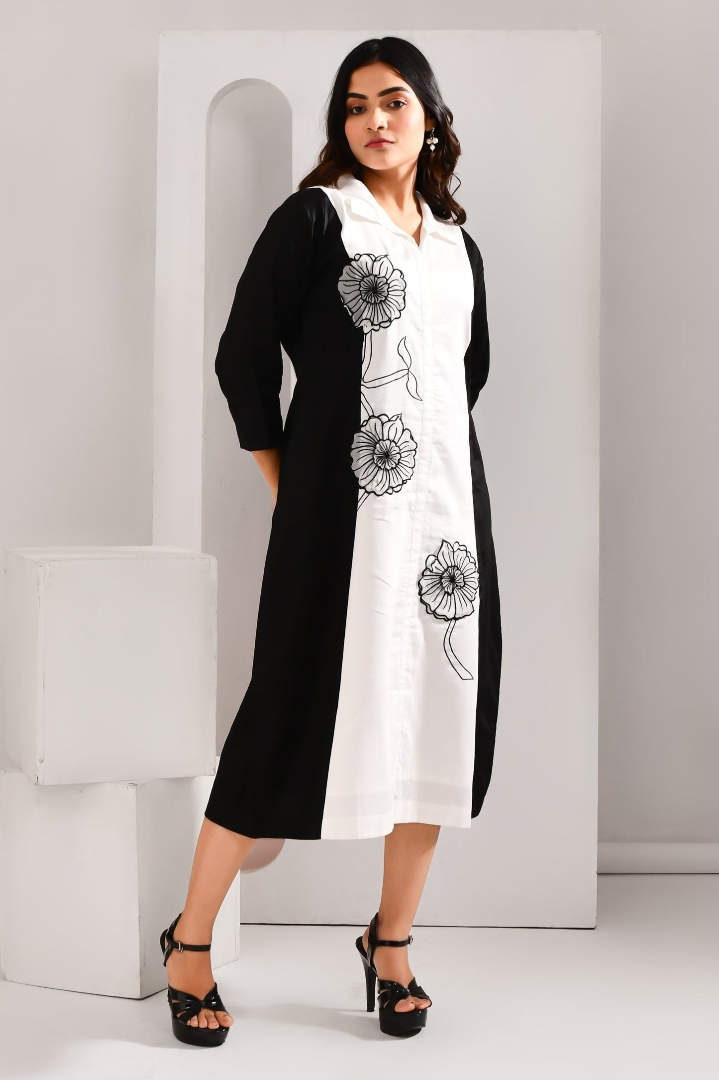 Black & White Blended Cotton Embroidered Flower Worked Dress - Golden Muslin