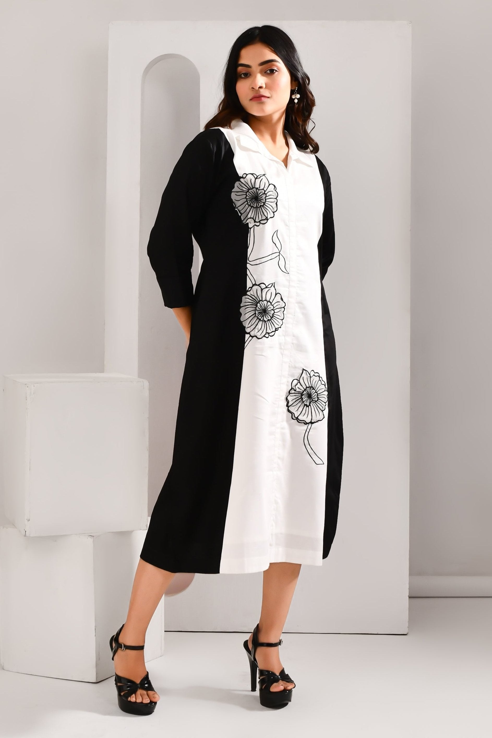 Black & White Blended Cotton Embroidered Flower Worked Dress - Golden Muslin