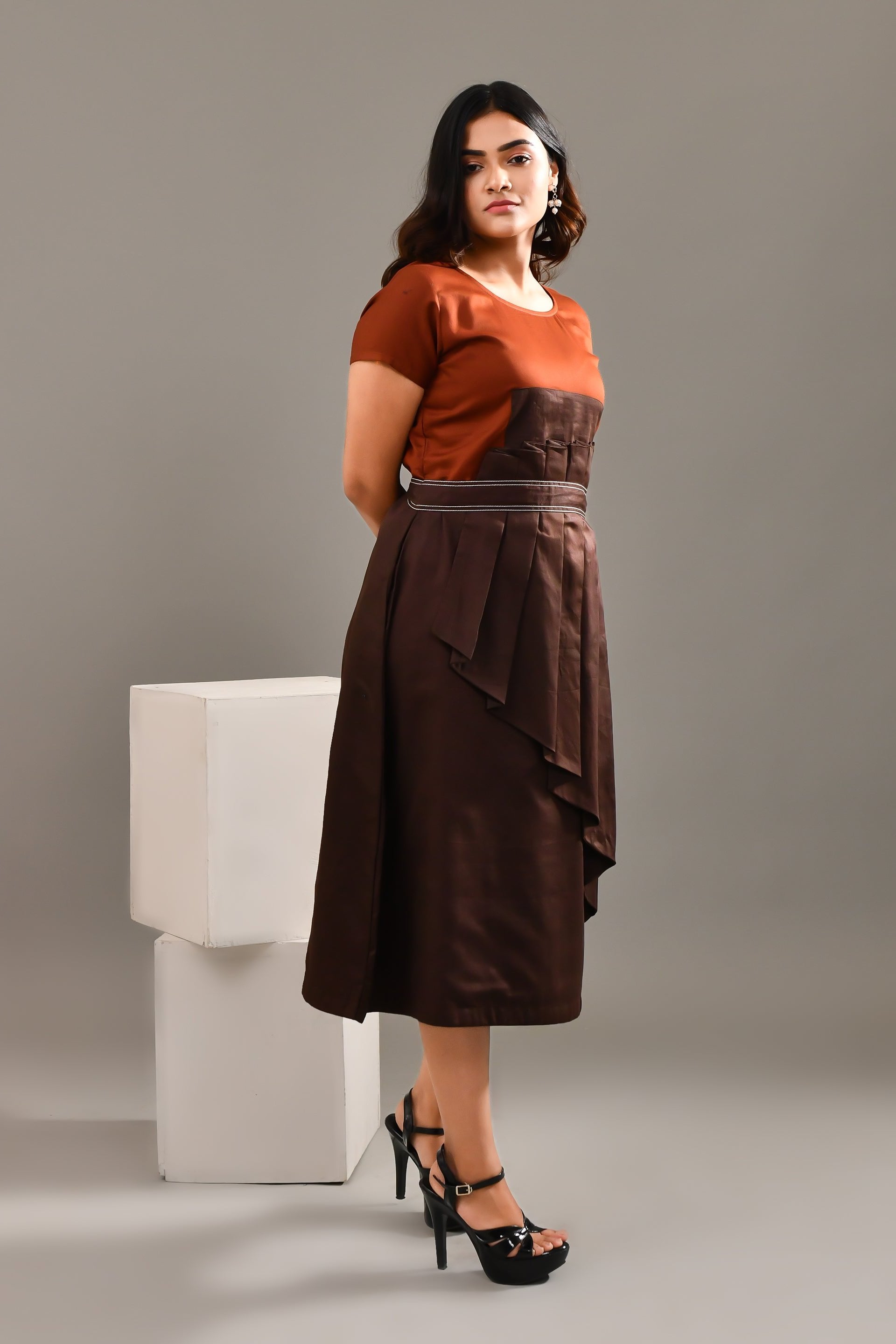 Rust & Brown Blended Cotton Self Textured Dress - Golden Muslin