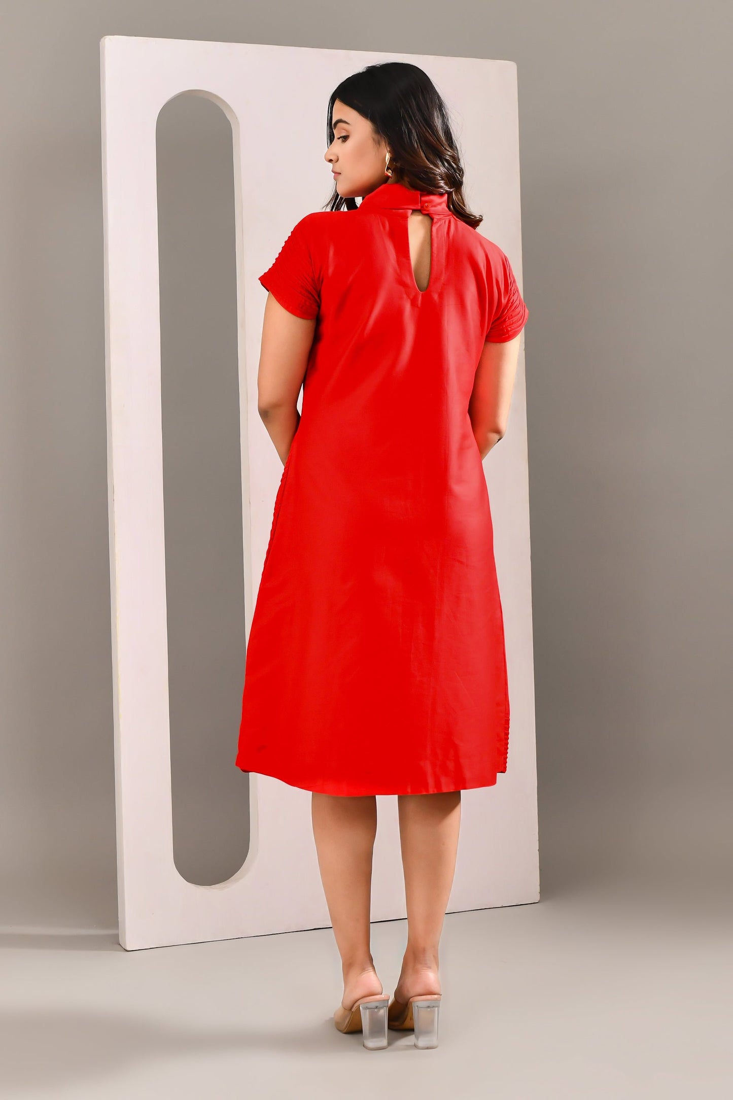 Cherry Red Blended Cotton Self Textured Dress - Golden Muslin