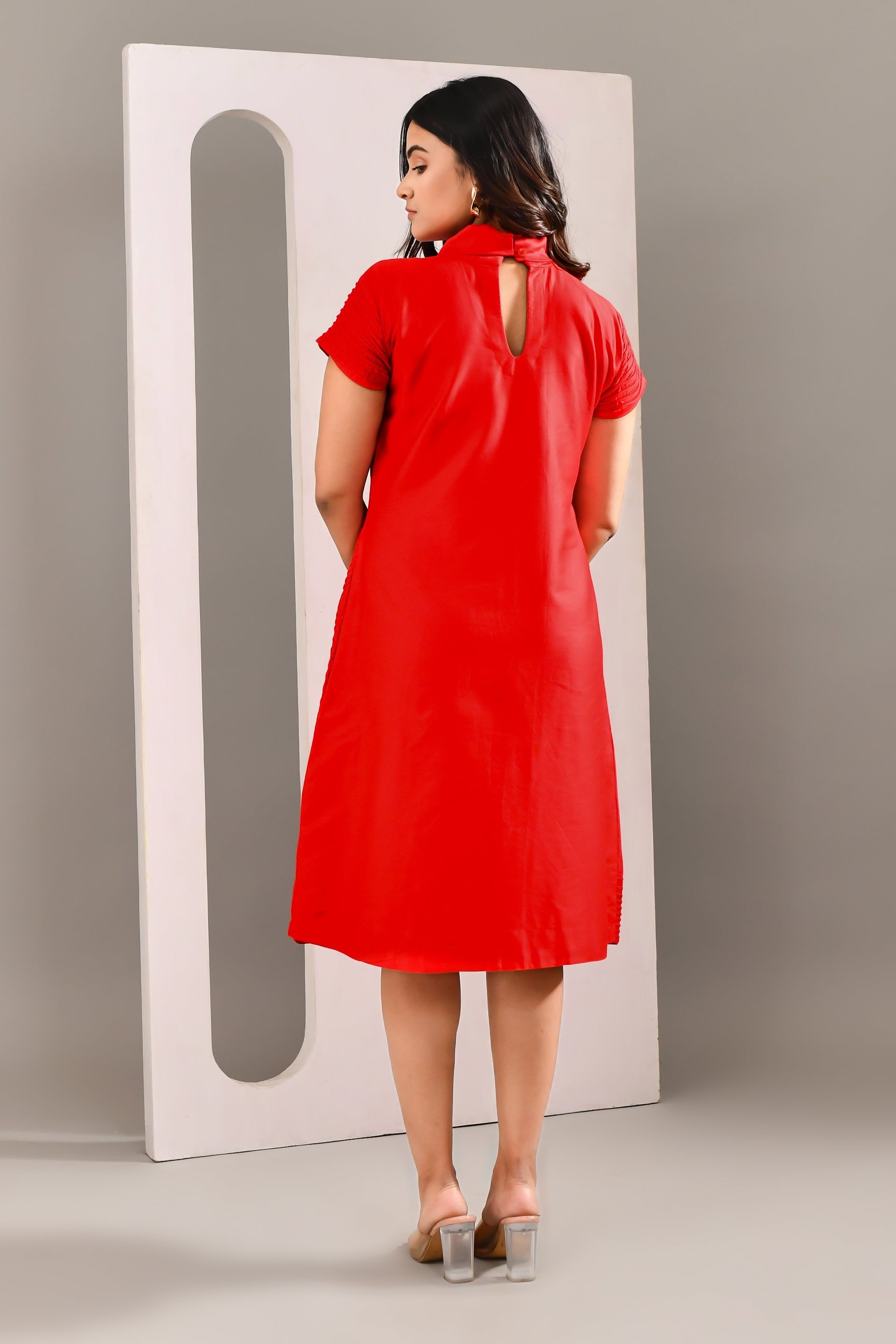 Cherry Red Blended Cotton Self Textured Dress - Golden Muslin