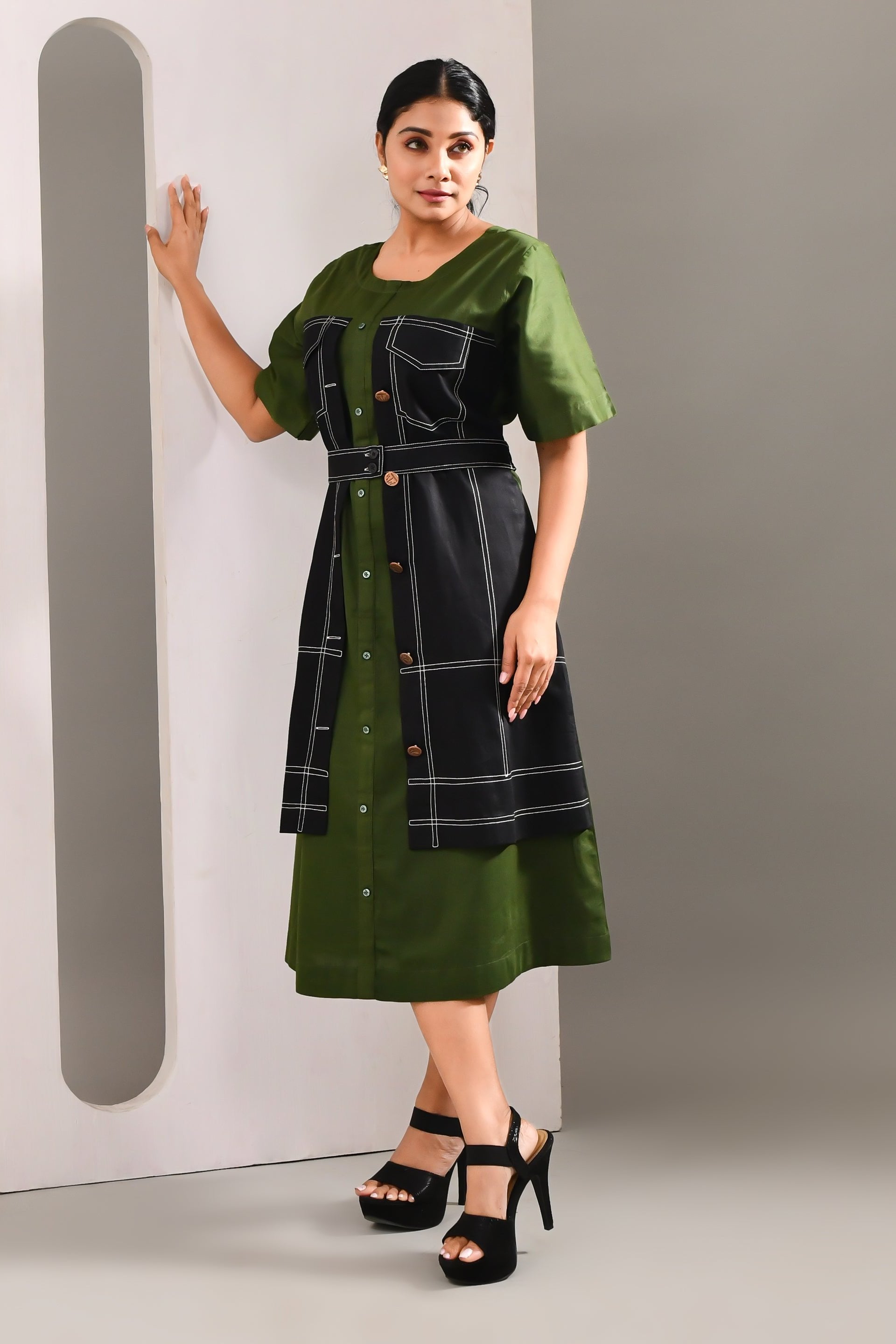 Olive Green & Black Denim Style Blended Cotton Dress - Golden Muslin