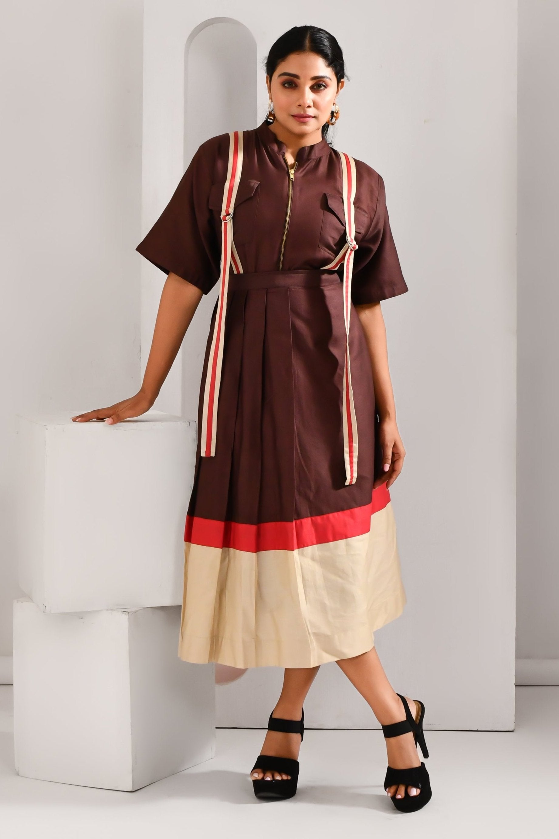Wine Brown Blended Cotton Self Pleated Co Ord Set - Golden Muslin