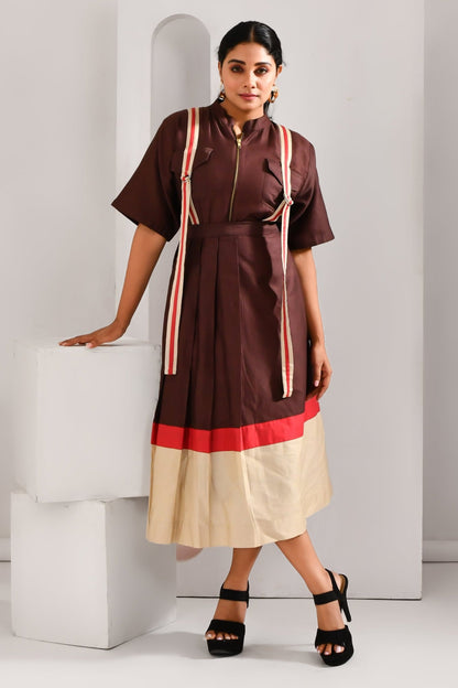 Wine Brown Blended Cotton Self Pleated Co Ord Set - Golden Muslin