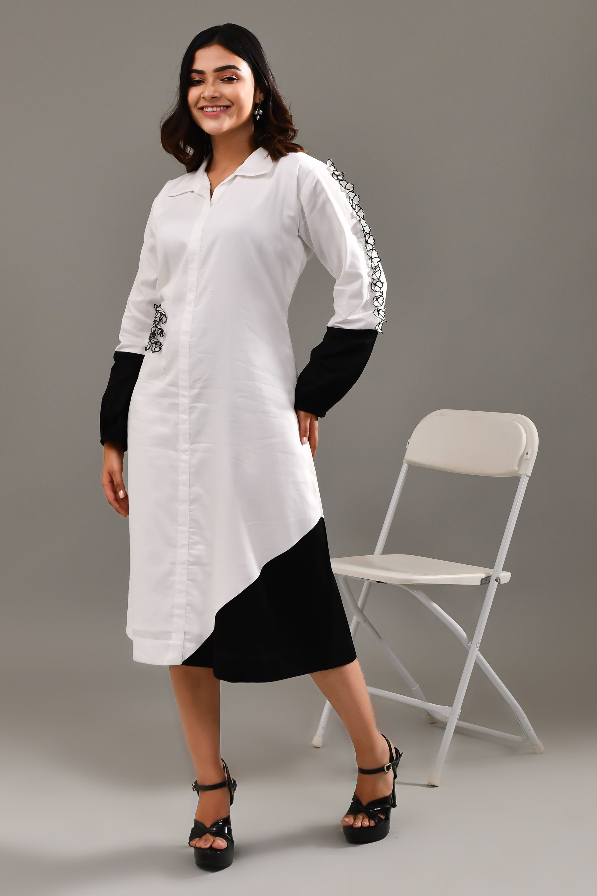 White and Black Blended Cotton Dress - Golden Muslin