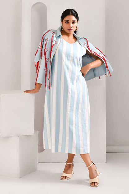 Powder Blue & White Blended Cotton Jacket Style Dress - Golden Muslin