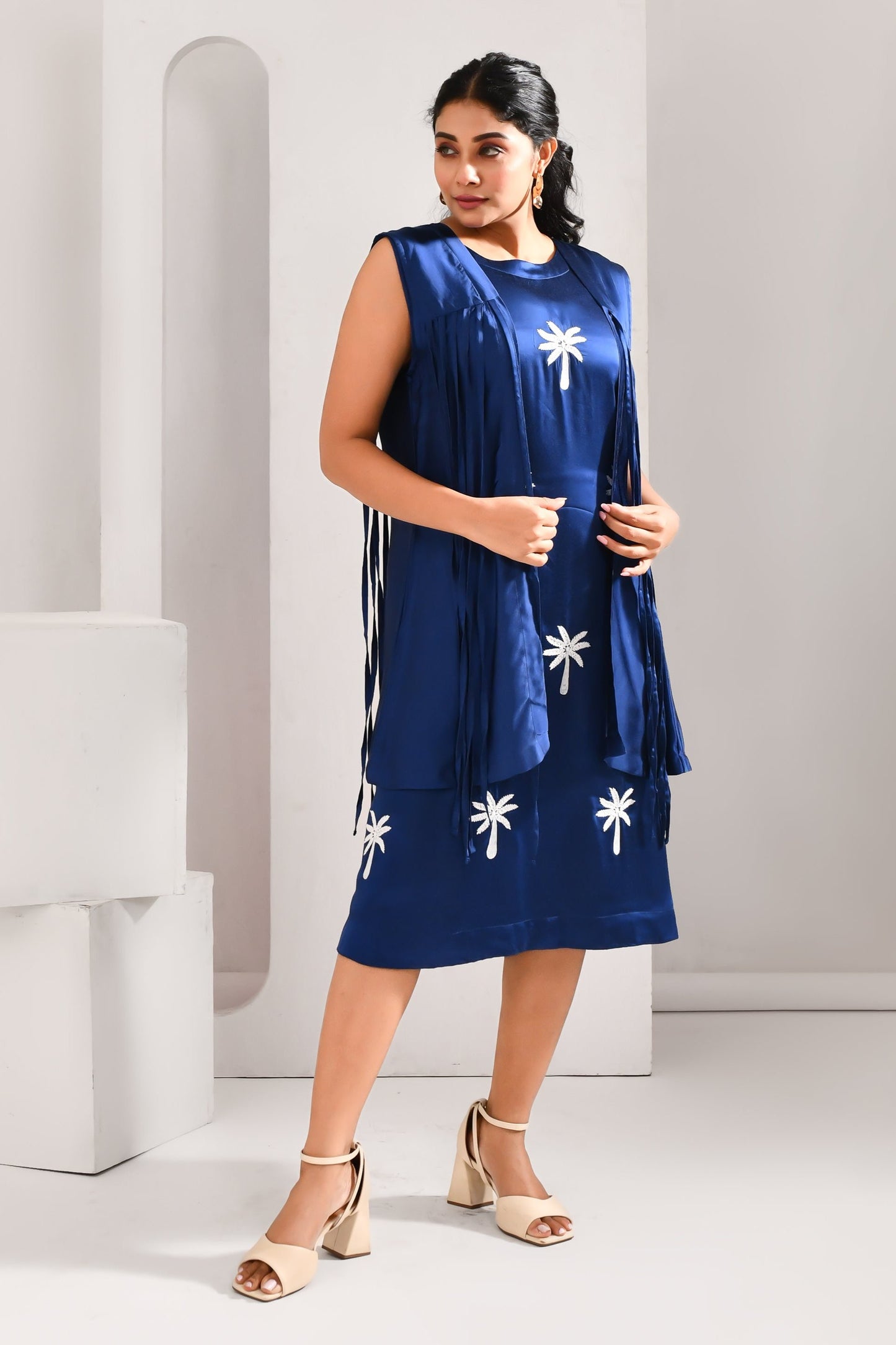Royal Blue Blended Cotton and Organza Tree Embroidered Dress - Golden Muslin