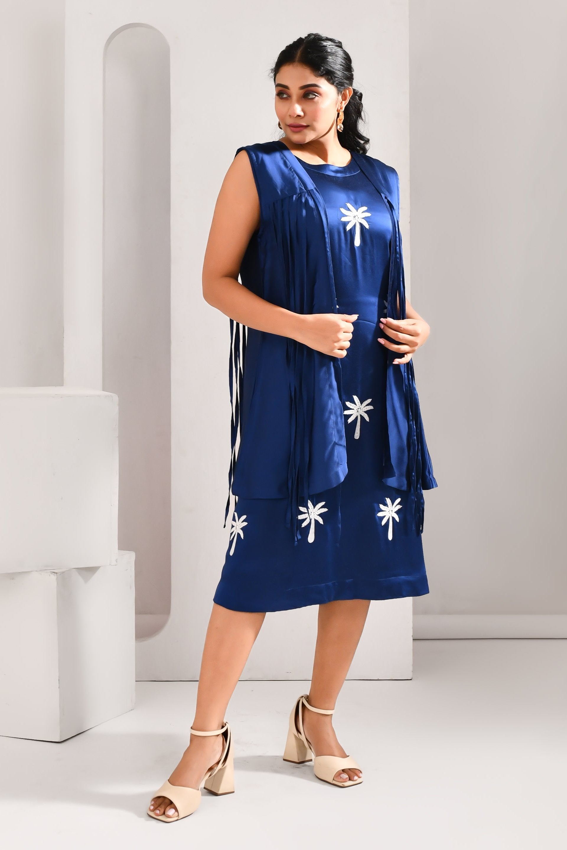 Royal Blue Blended Cotton and Organza Tree Embroidered Dress - Golden Muslin