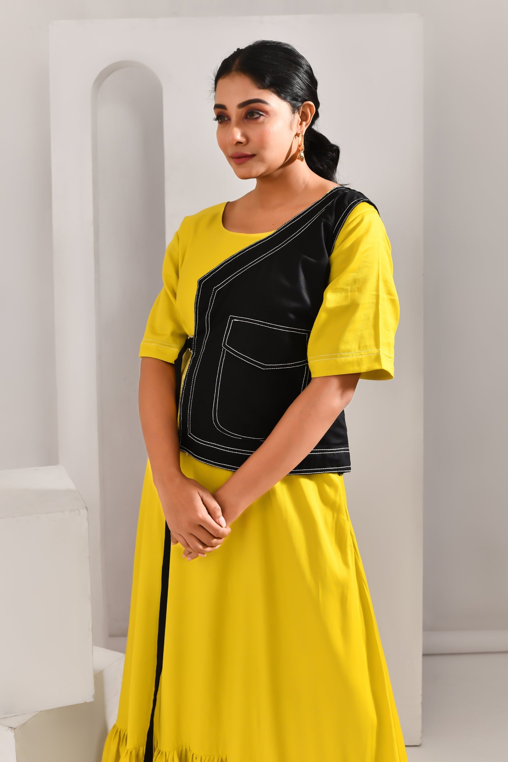 Golden Yellow & Black Jacket Style Blended Cotton Maxi Dress - Golden Muslin