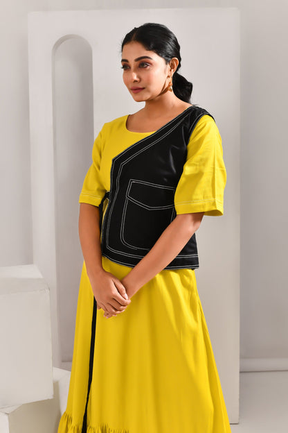 Golden Yellow & Black Jacket Style Blended Cotton Maxi Dress - Golden Muslin