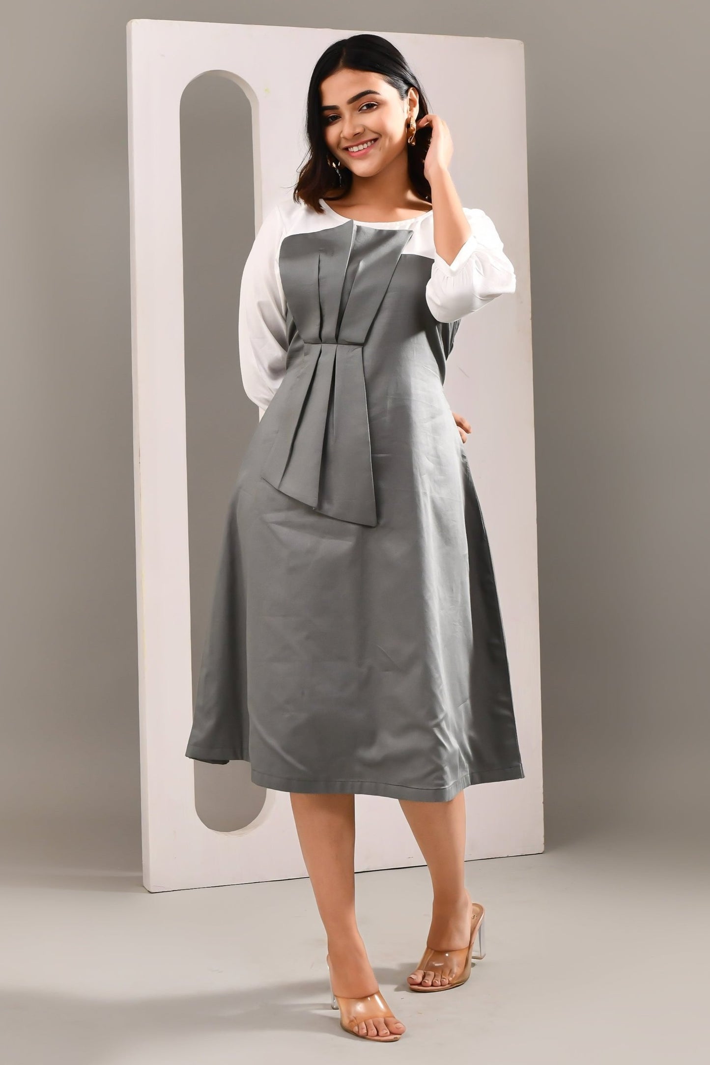 Stylish Grey & White Blended Cotton Self Textured Dress - Golden Muslin