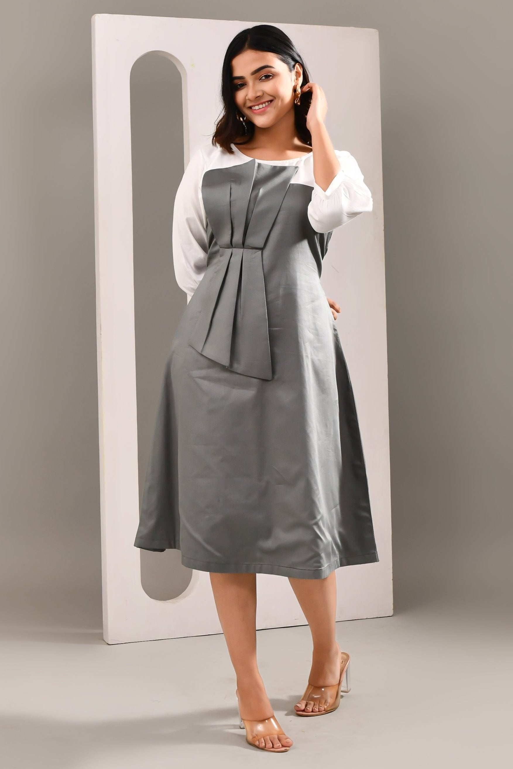 Stylish Grey & White Blended Cotton Self Textured Dress - Golden Muslin
