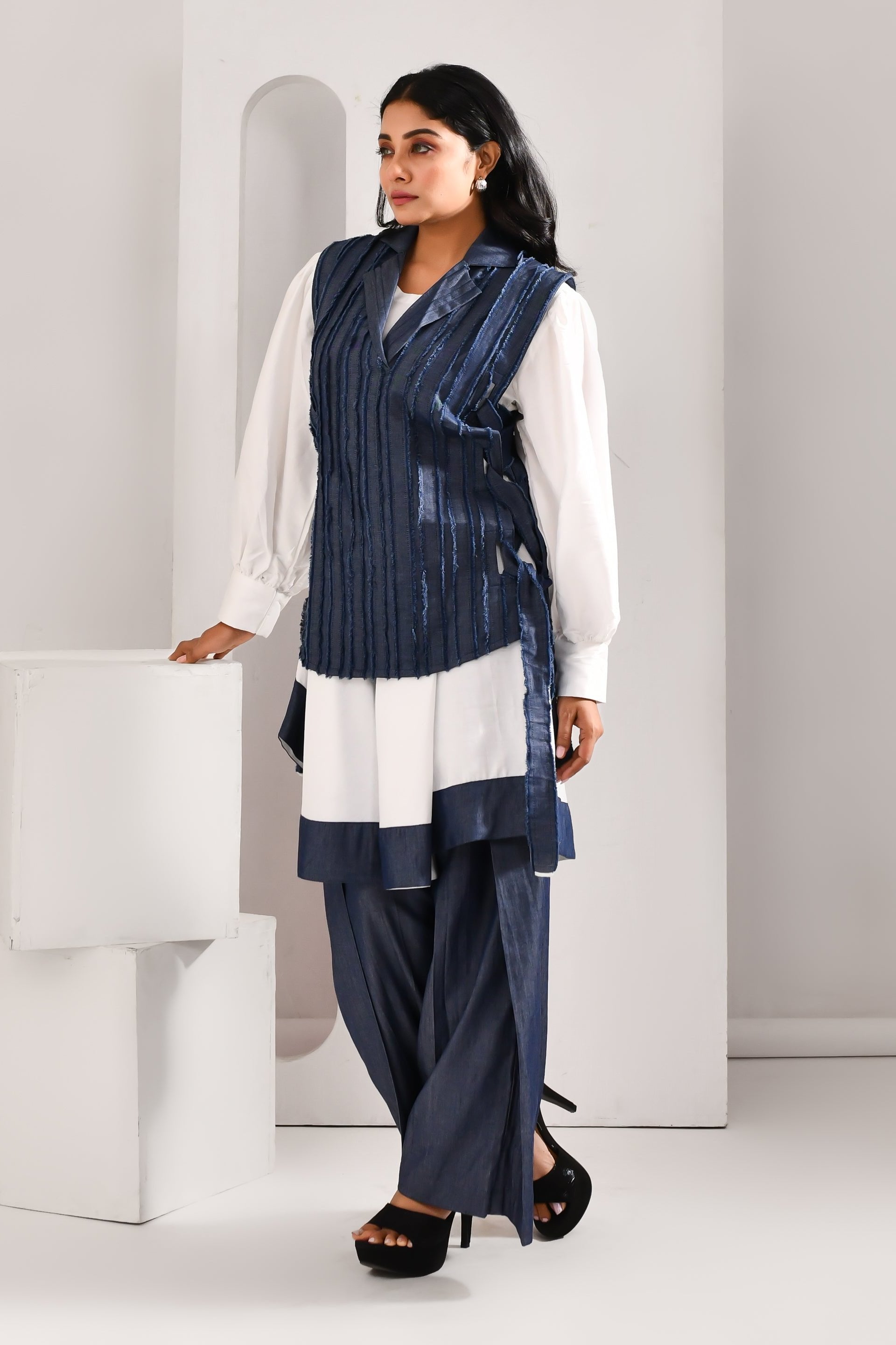 Denim Blue & White Blended Cotton & Organza Co Ord Set - Golden Muslin