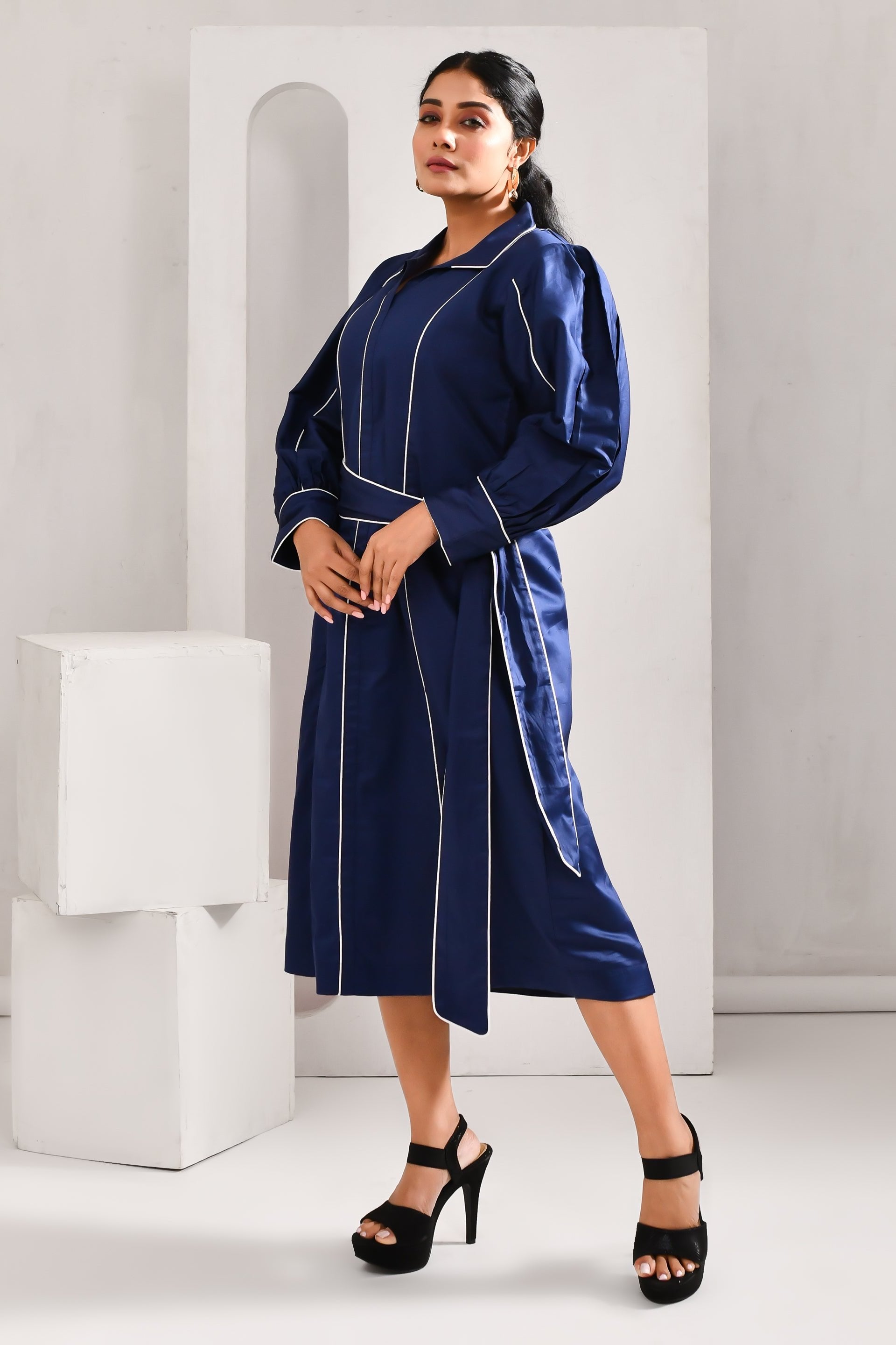 Navy Blue Blended Cotton Striped Dress - Golden Muslin