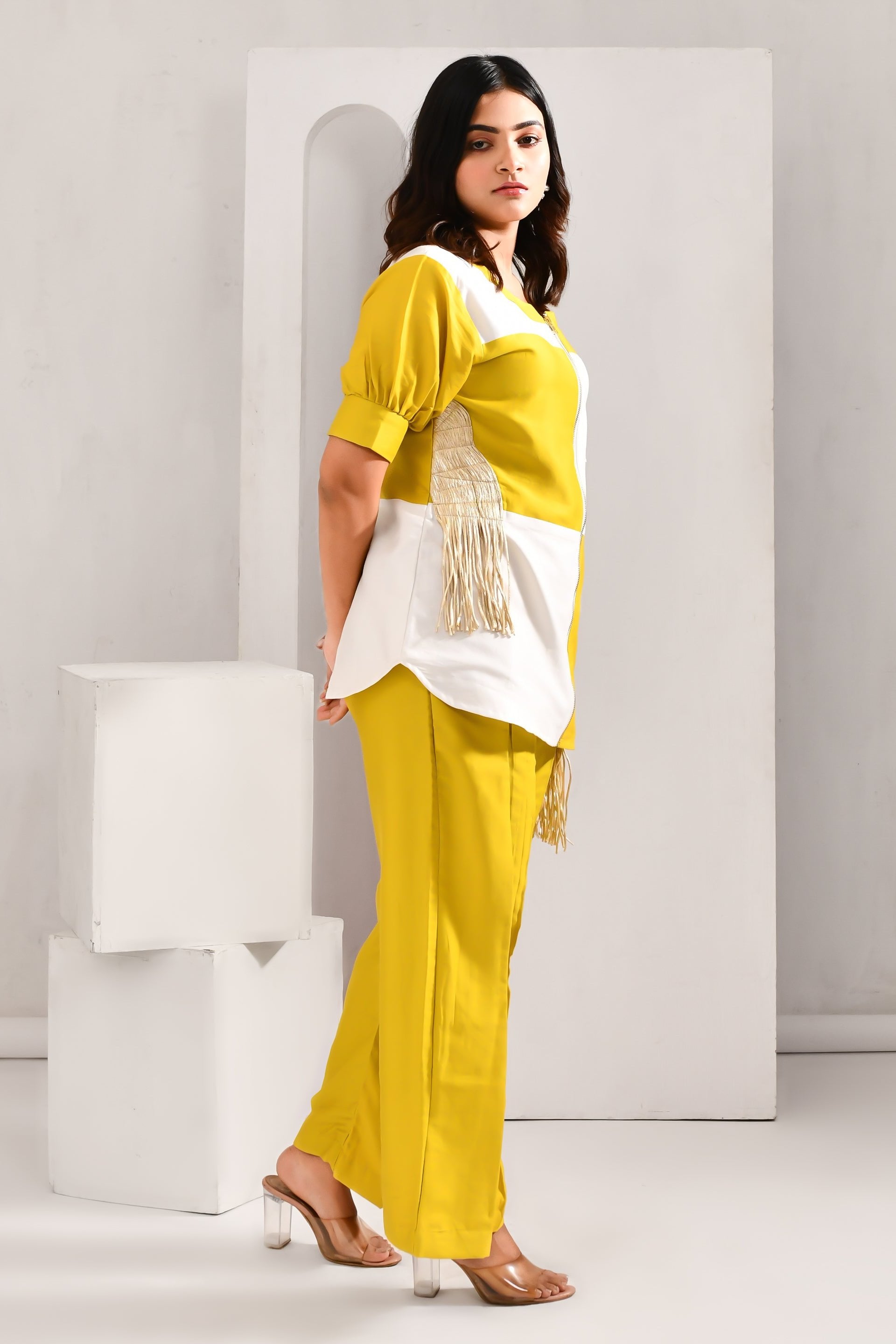 Greenish Yellow Blended Cotton Applique Worked Co Ord Set - Golden Muslin