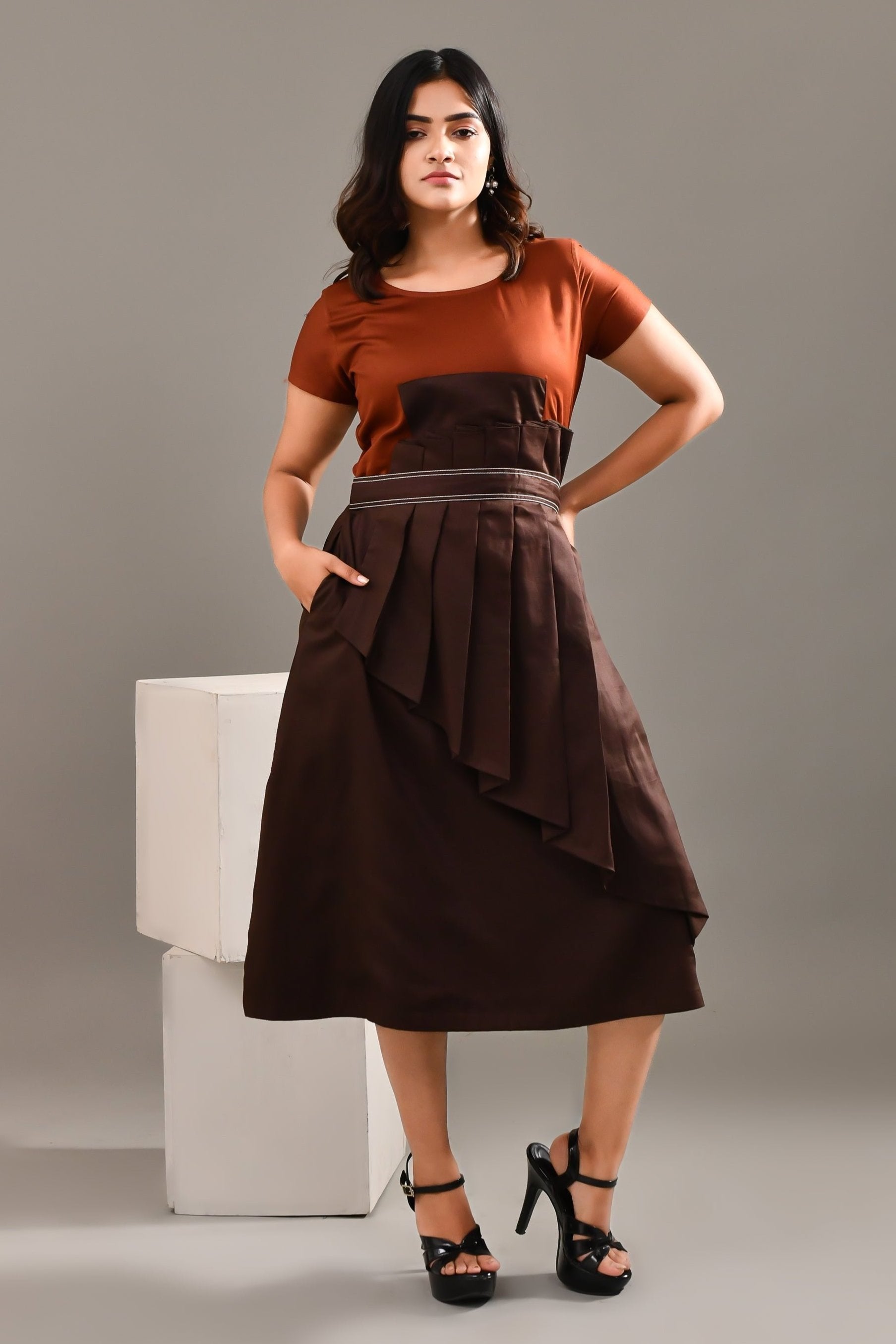 Rust & Brown Blended Cotton Self Textured Dress - Golden Muslin
