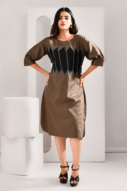 Captivating Khaki Brown & Black Blended Cotton Dress - Golden Muslin
