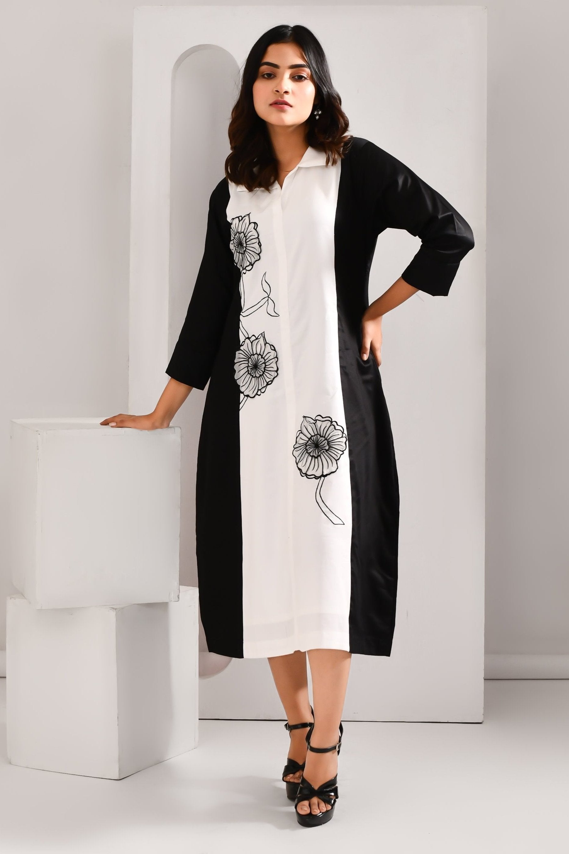 Black & White Blended Cotton Embroidered Flower Worked Dress - Golden Muslin