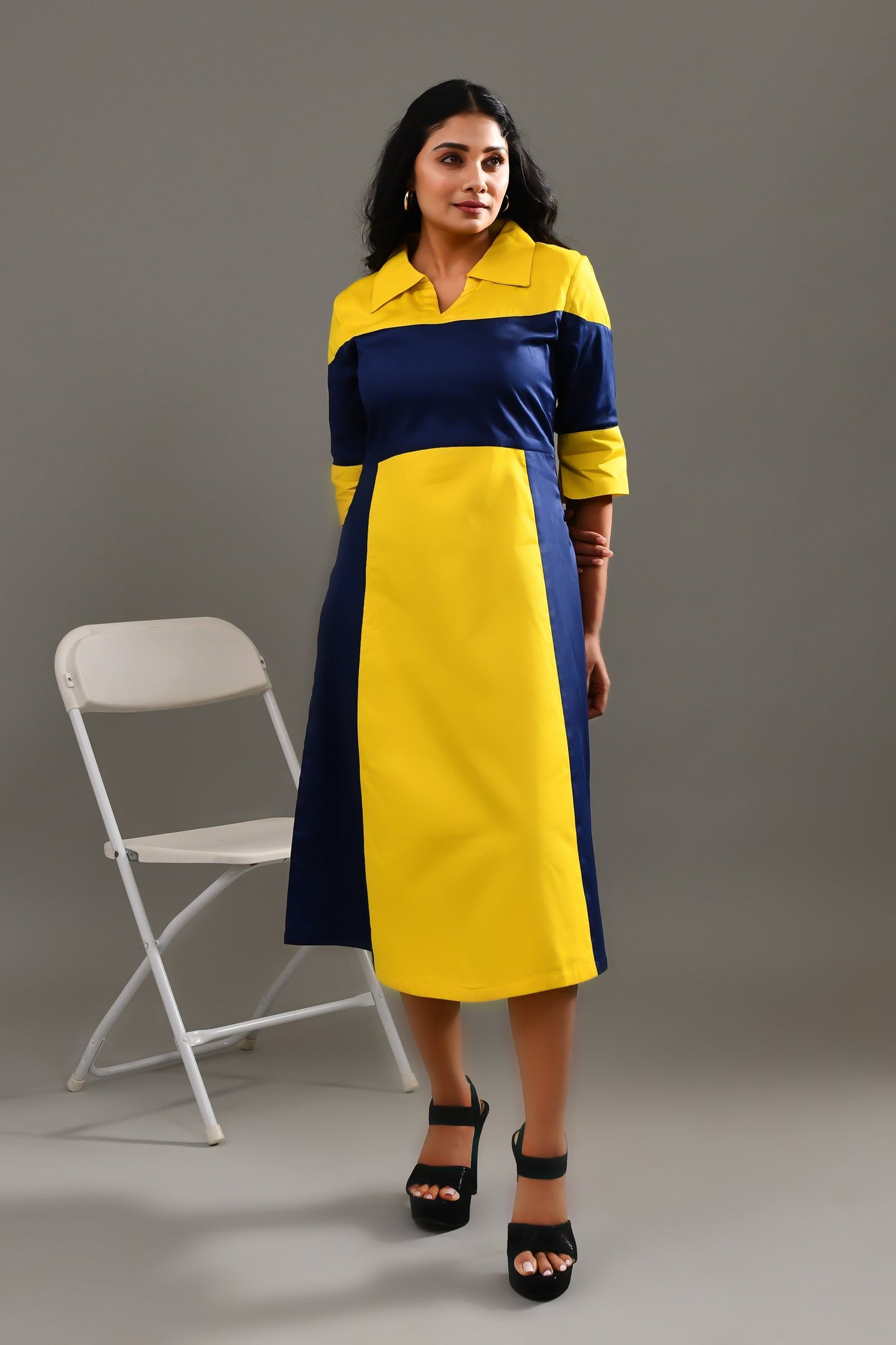 Yellow & Dark Blue Blended Cotton Self Patterned Dress - Golden Muslin