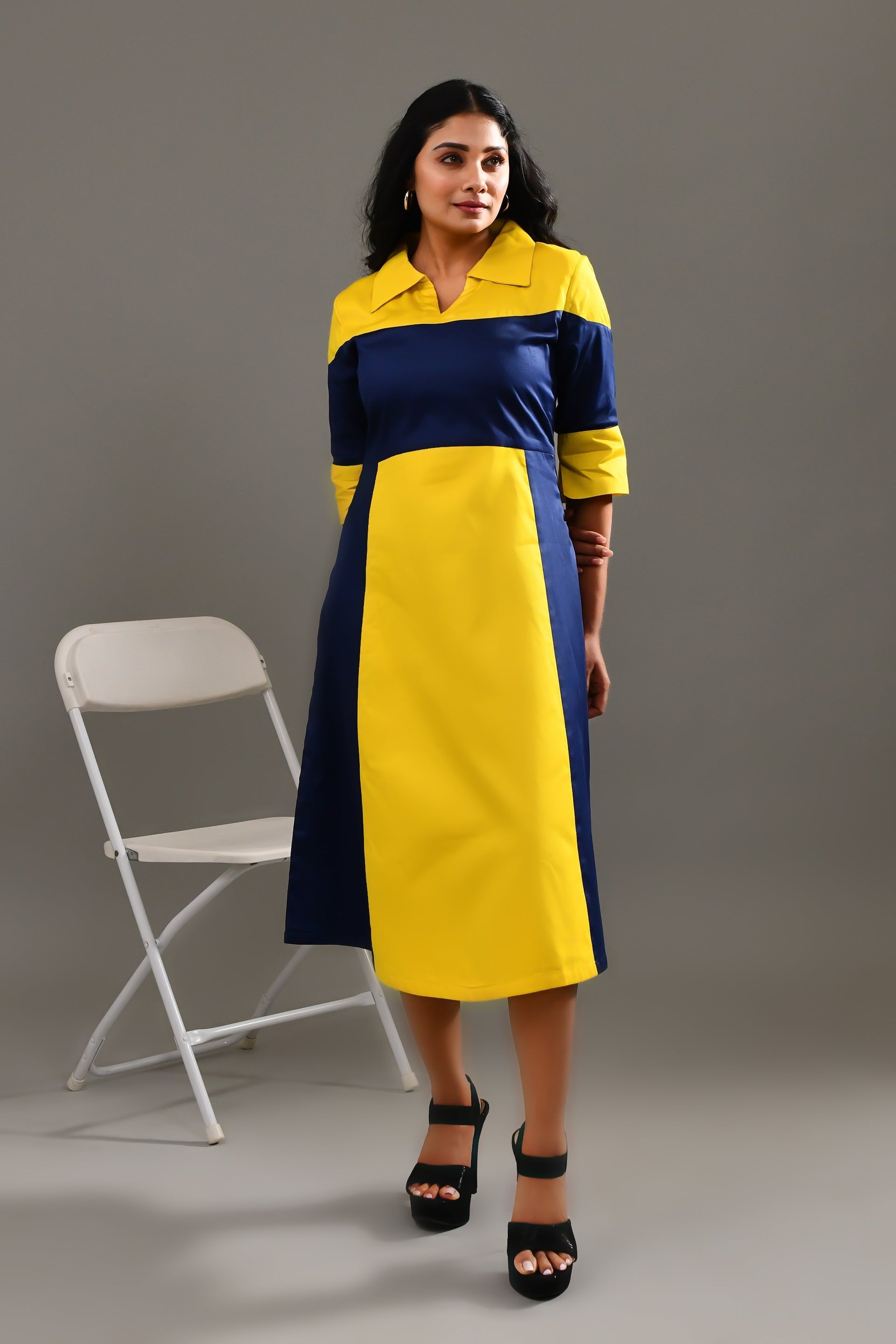 Yellow & Dark Blue Blended Cotton Self Patterned Dress - Golden Muslin