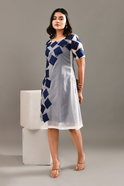 Grey & Blue Blended Cotton & Organza Geometric Patterned Dress - Golden Muslin