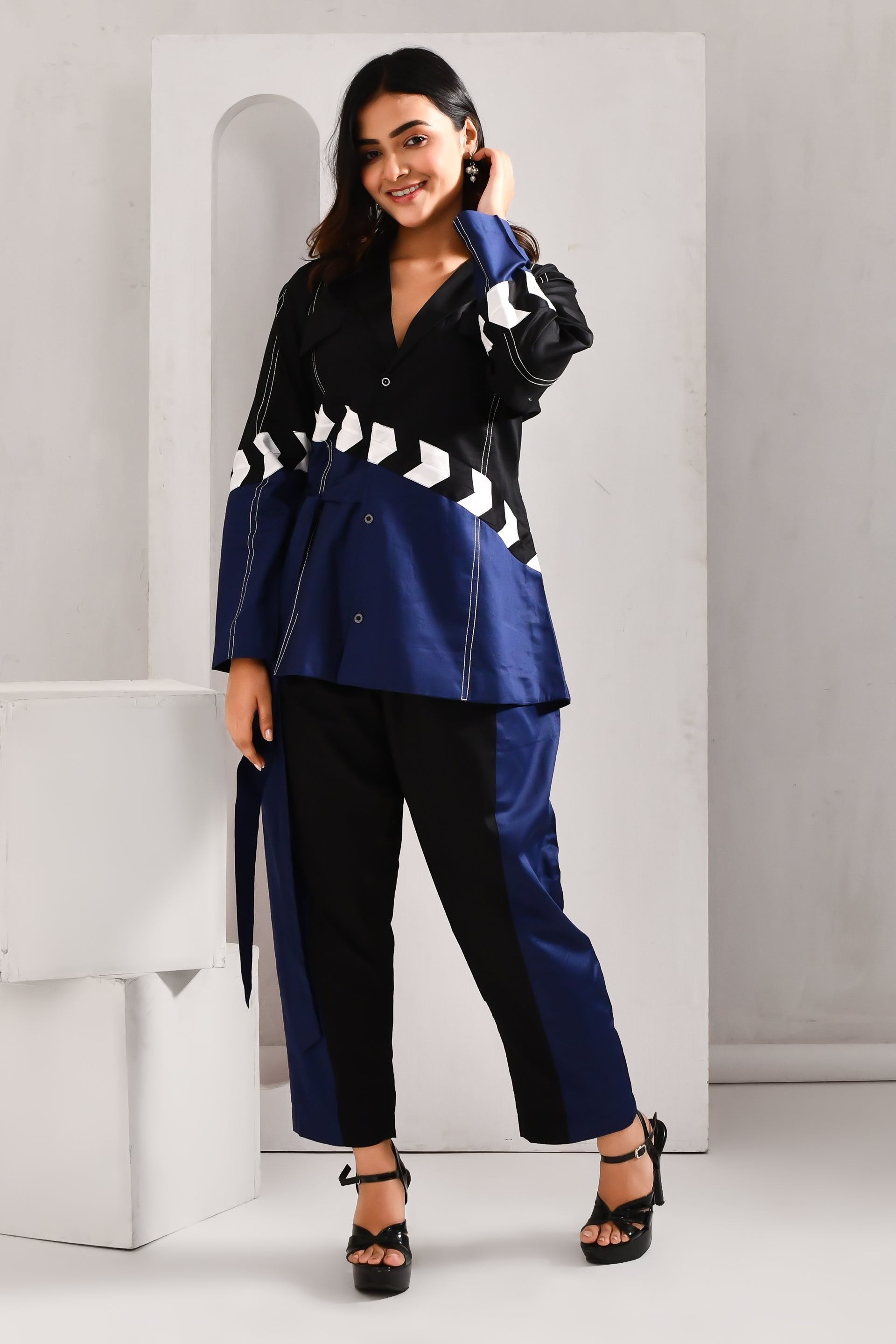 Deep Blue and Black Blended Cotton Jacket Style Co Ord Set - Golden Muslin