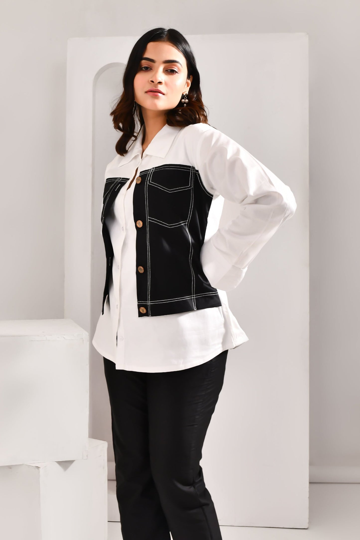 White & Black Denim Style Blended Cotton Shirt - Golden Muslin