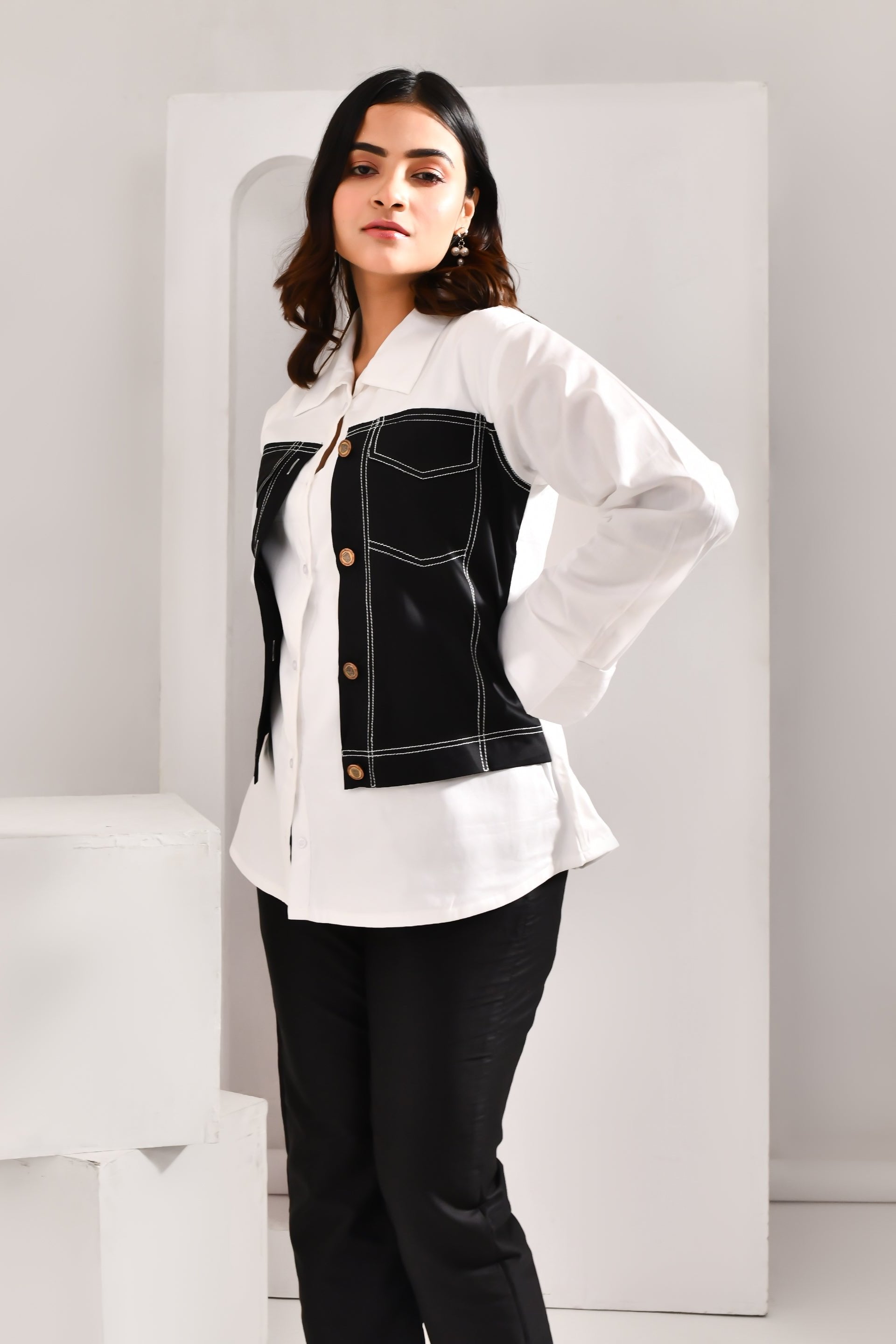 White & Black Denim Style Blended Cotton Shirt - Golden Muslin