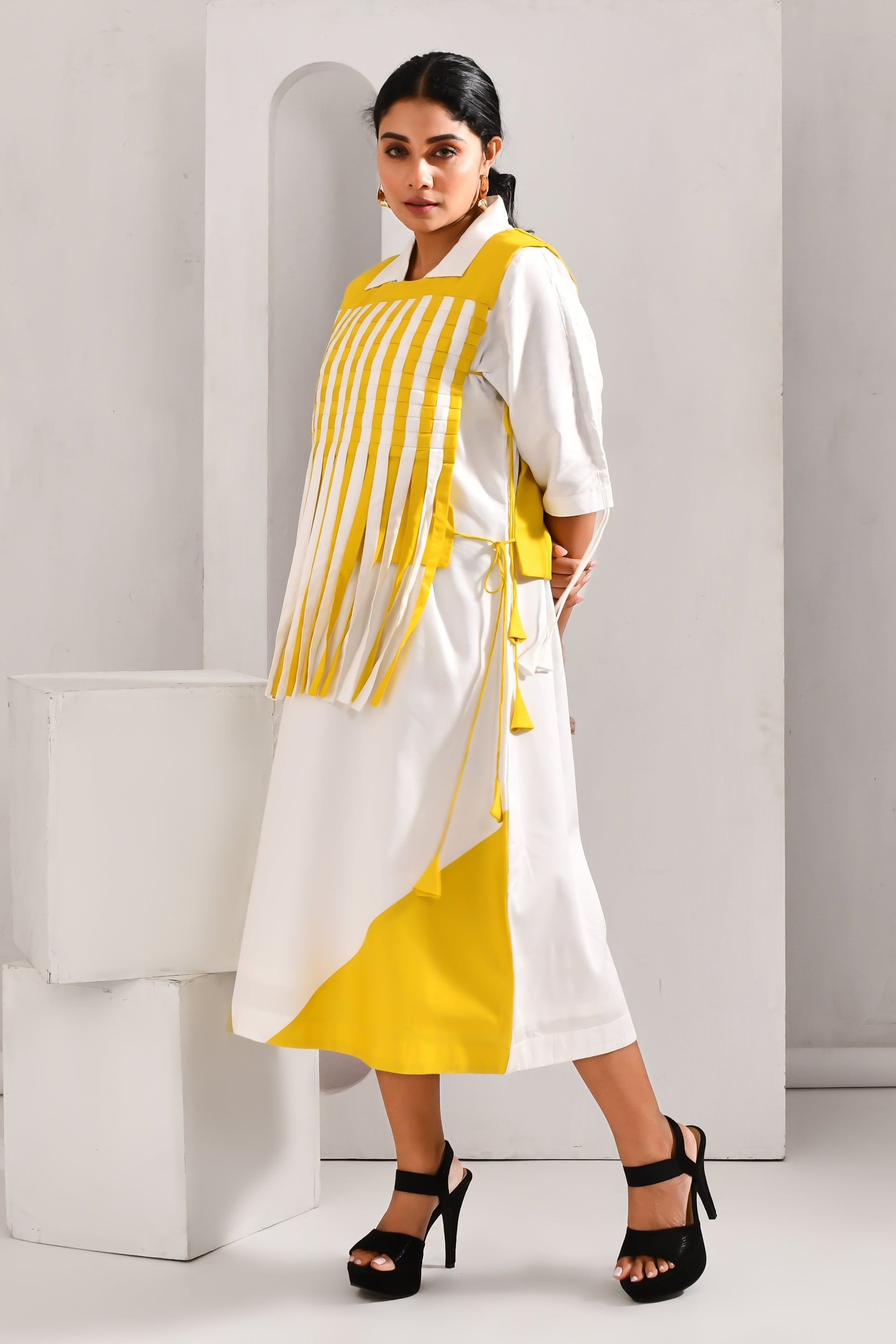 White and Lime Yellow Blended Cotton Striped Dress - Golden Muslin