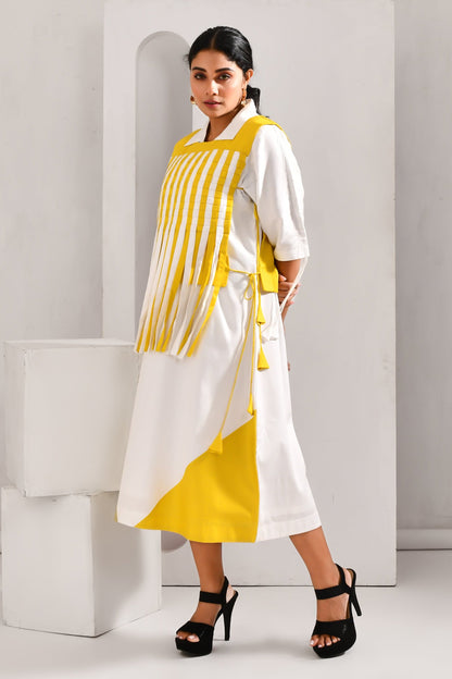 White and Lime Yellow Blended Cotton Striped Dress - Golden Muslin