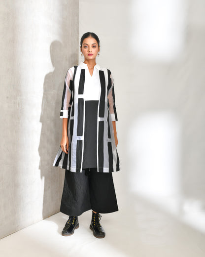 Black And White Cotton And Organza Jacket Co-ord Set