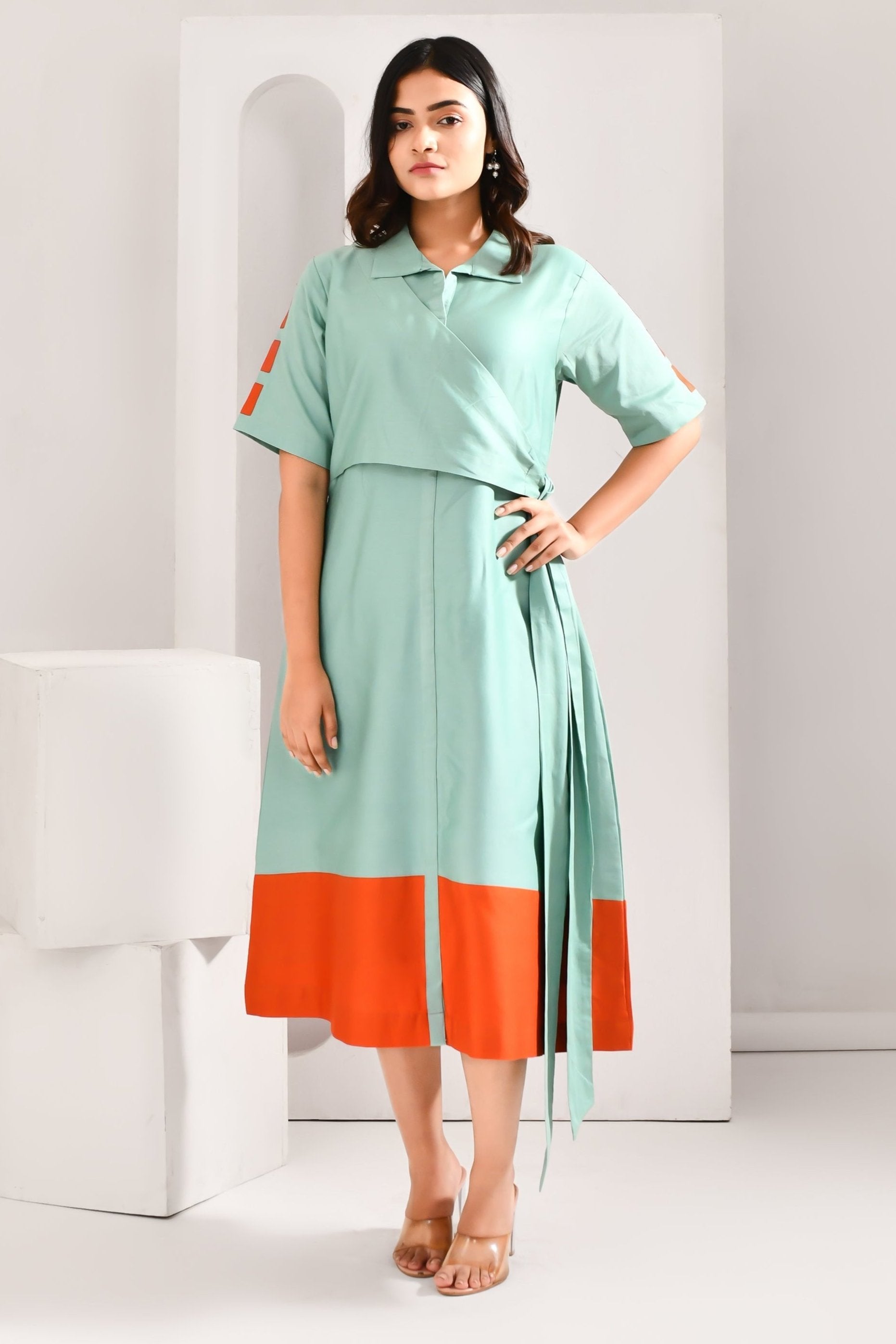 Light Blue & Orange Blended Cotton Solid Jacket Style Dress - Golden Muslin