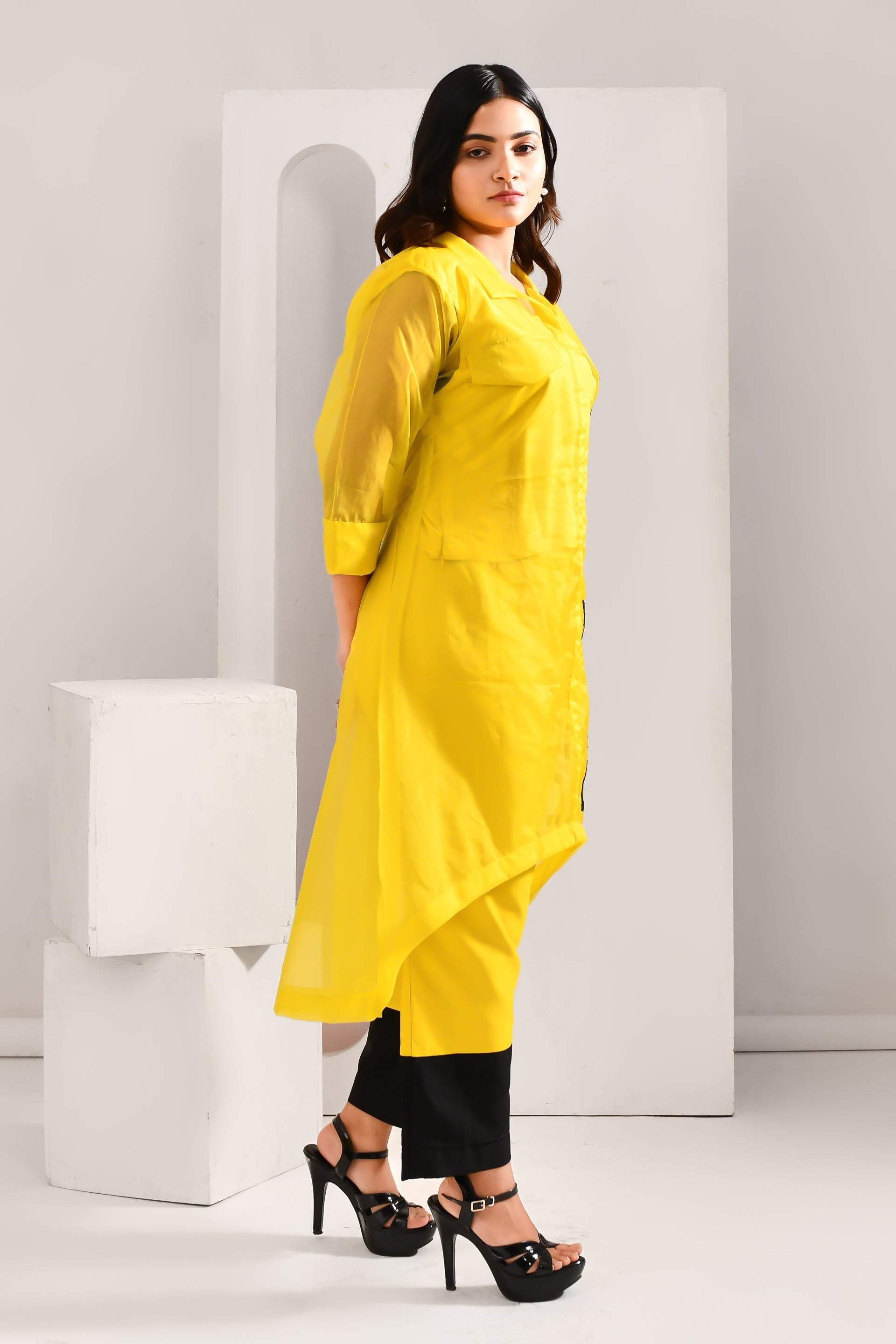 Yellow and Black Blended Cotton and Organza Co Ord Set - Golden Muslin