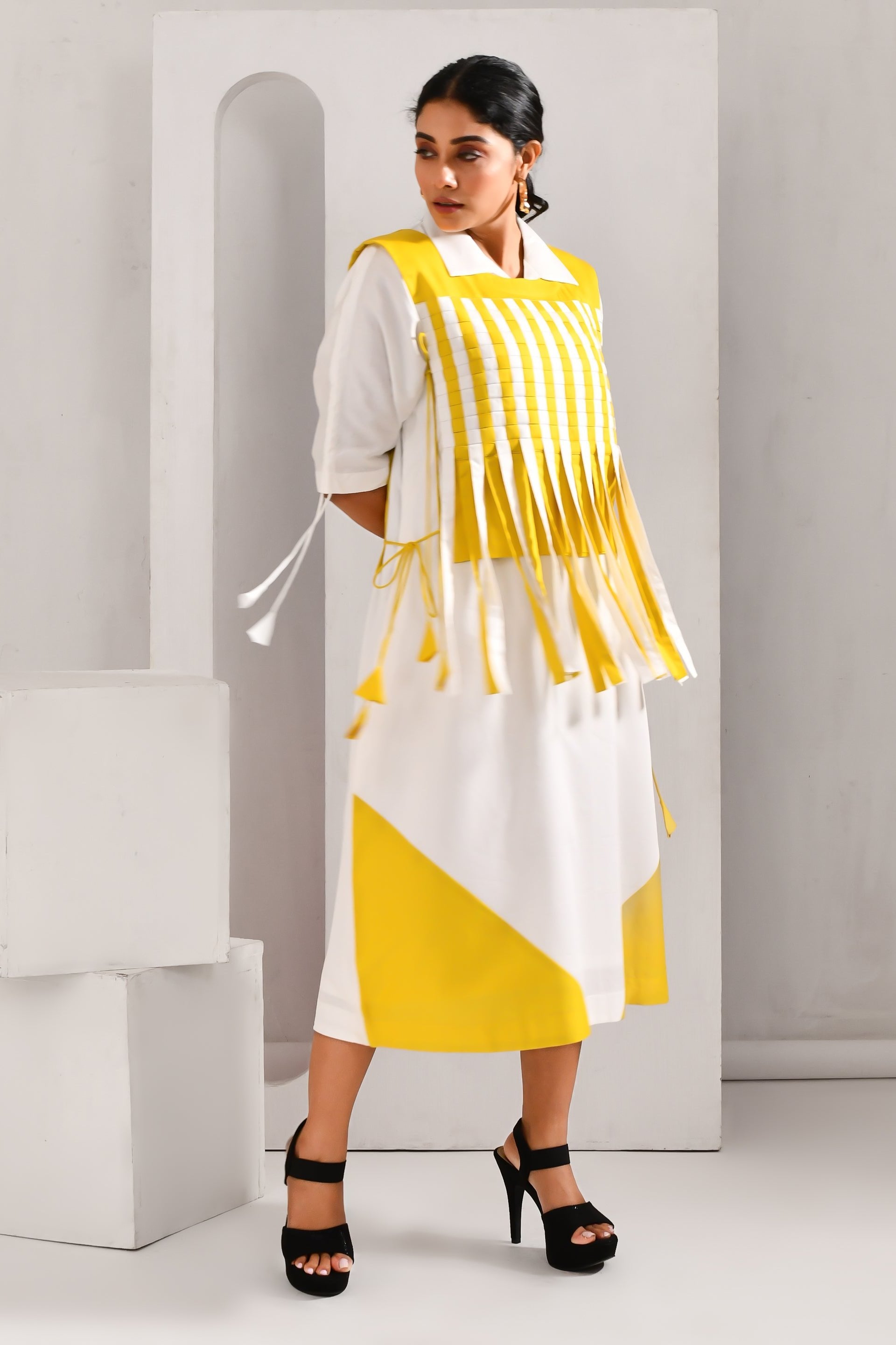 White and Lime Yellow Blended Cotton Striped Dress - Golden Muslin