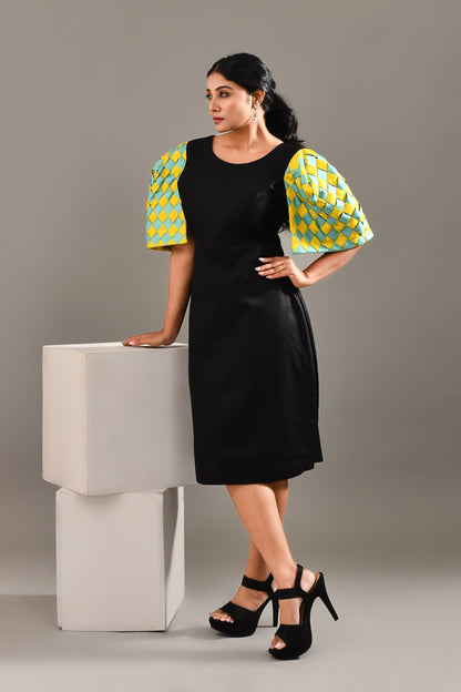 Personified Black Blended Cotton Geometric Style Dress - Golden Muslin