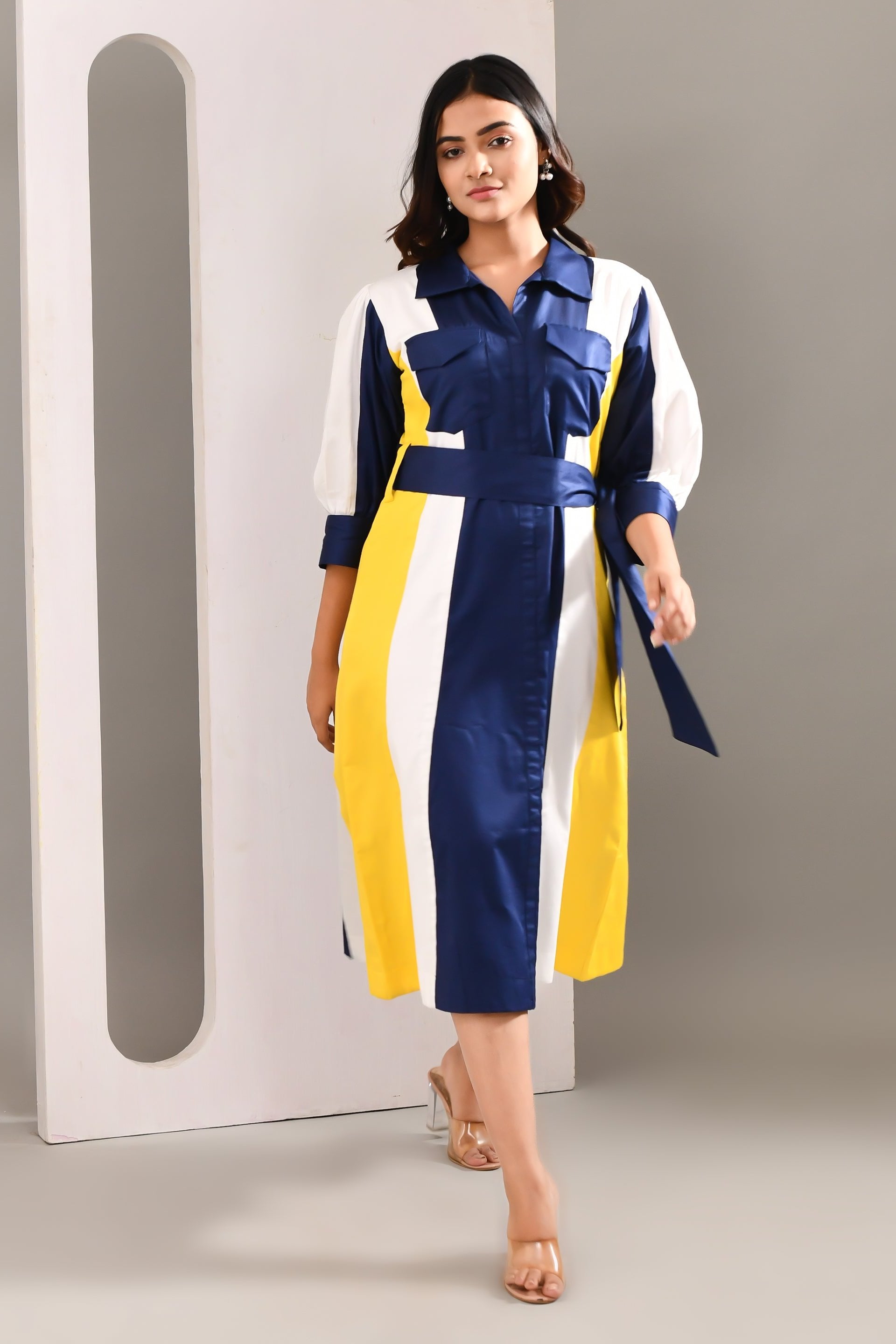 Multicolored Blended Cotton Self Textured Dress - Golden Muslin