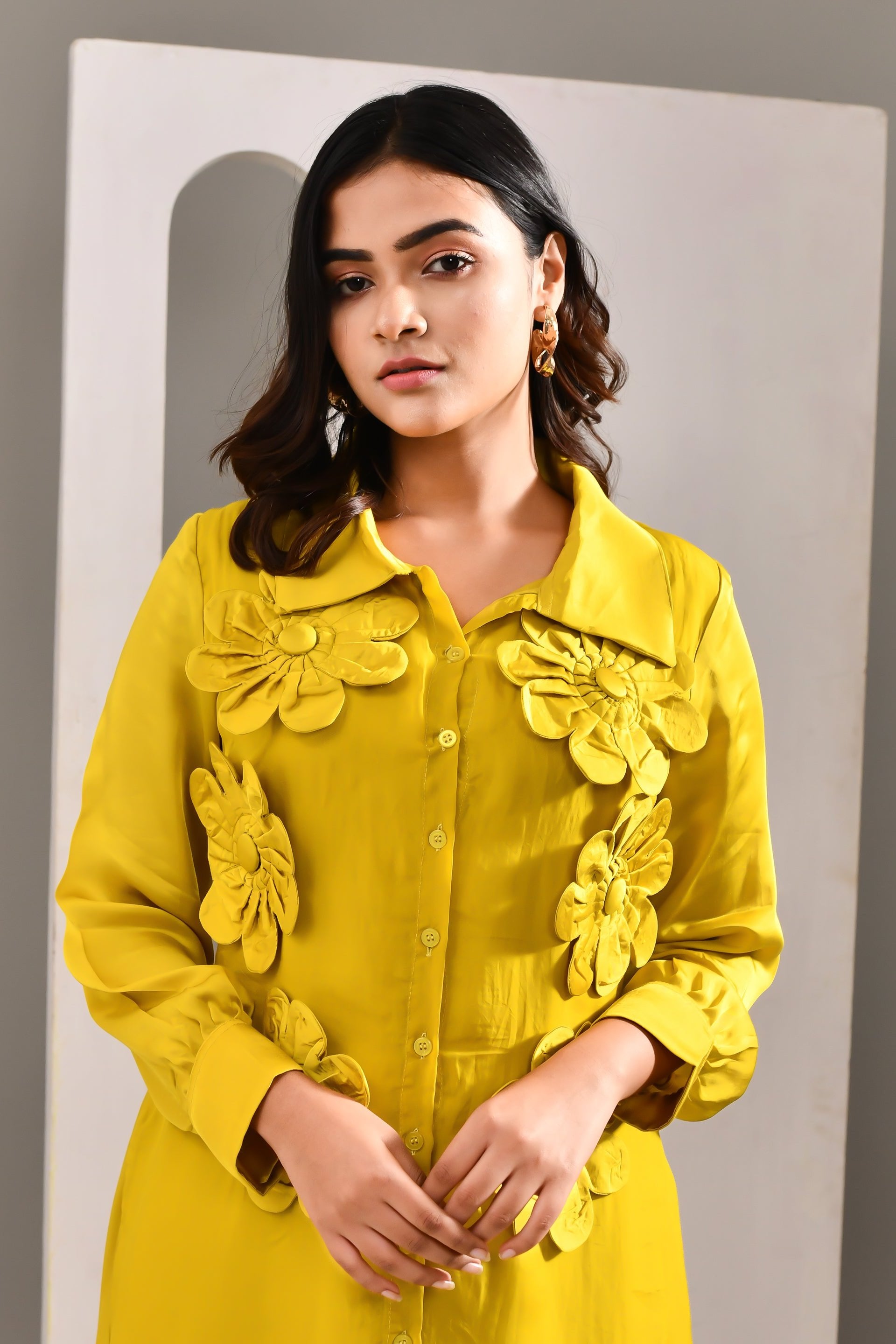 Sunflower Yellow Silk Shirt Style Dress - Golden Muslin