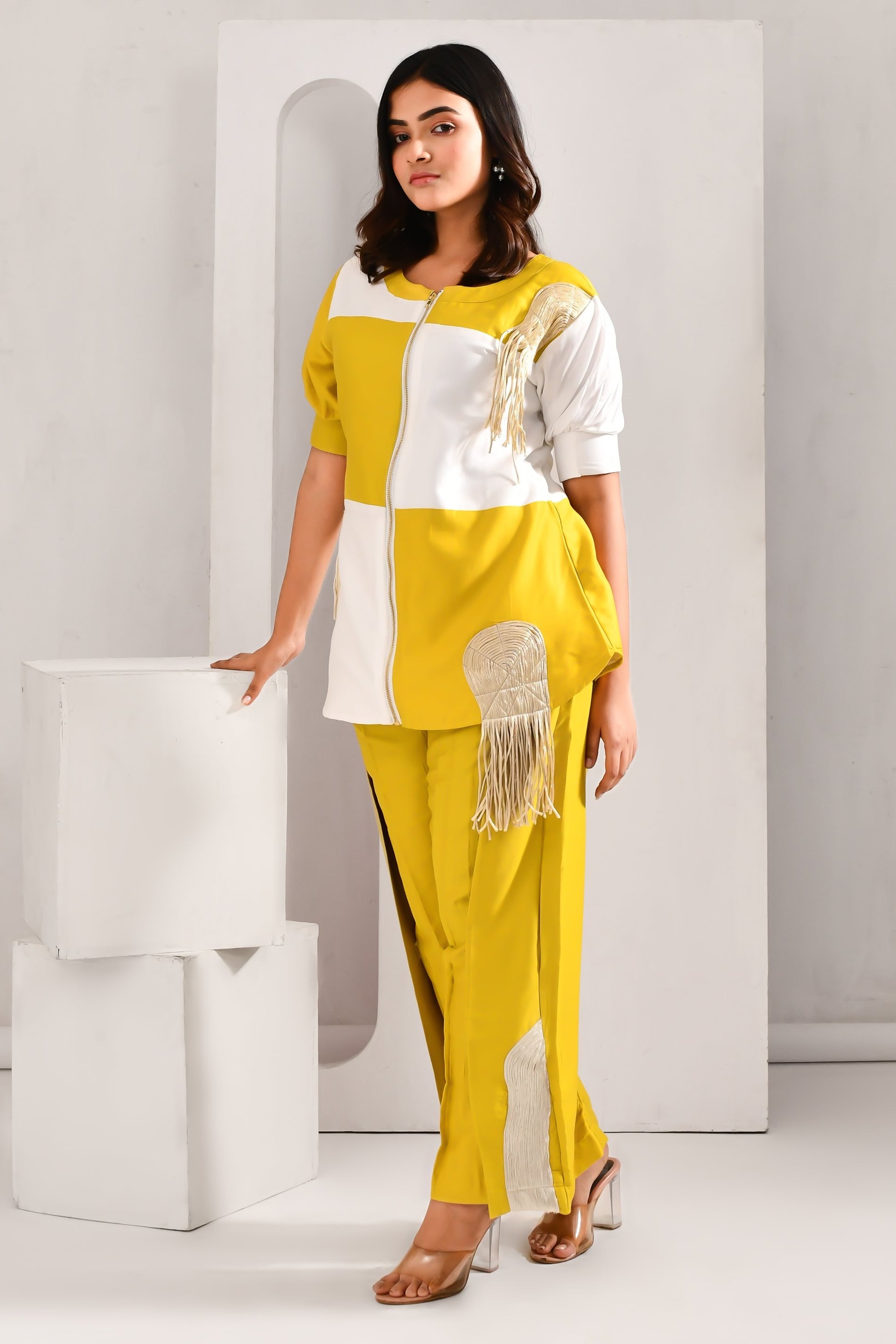 Greenish Yellow Blended Cotton Applique Worked Co Ord Set - Golden Muslin