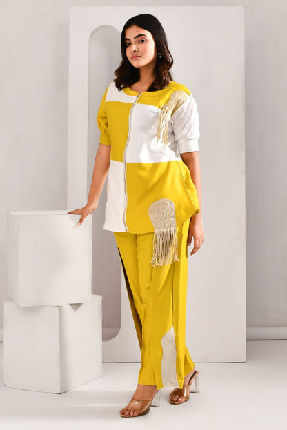 Greenish Yellow Blended Cotton Applique Worked Co Ord Set - Golden Muslin