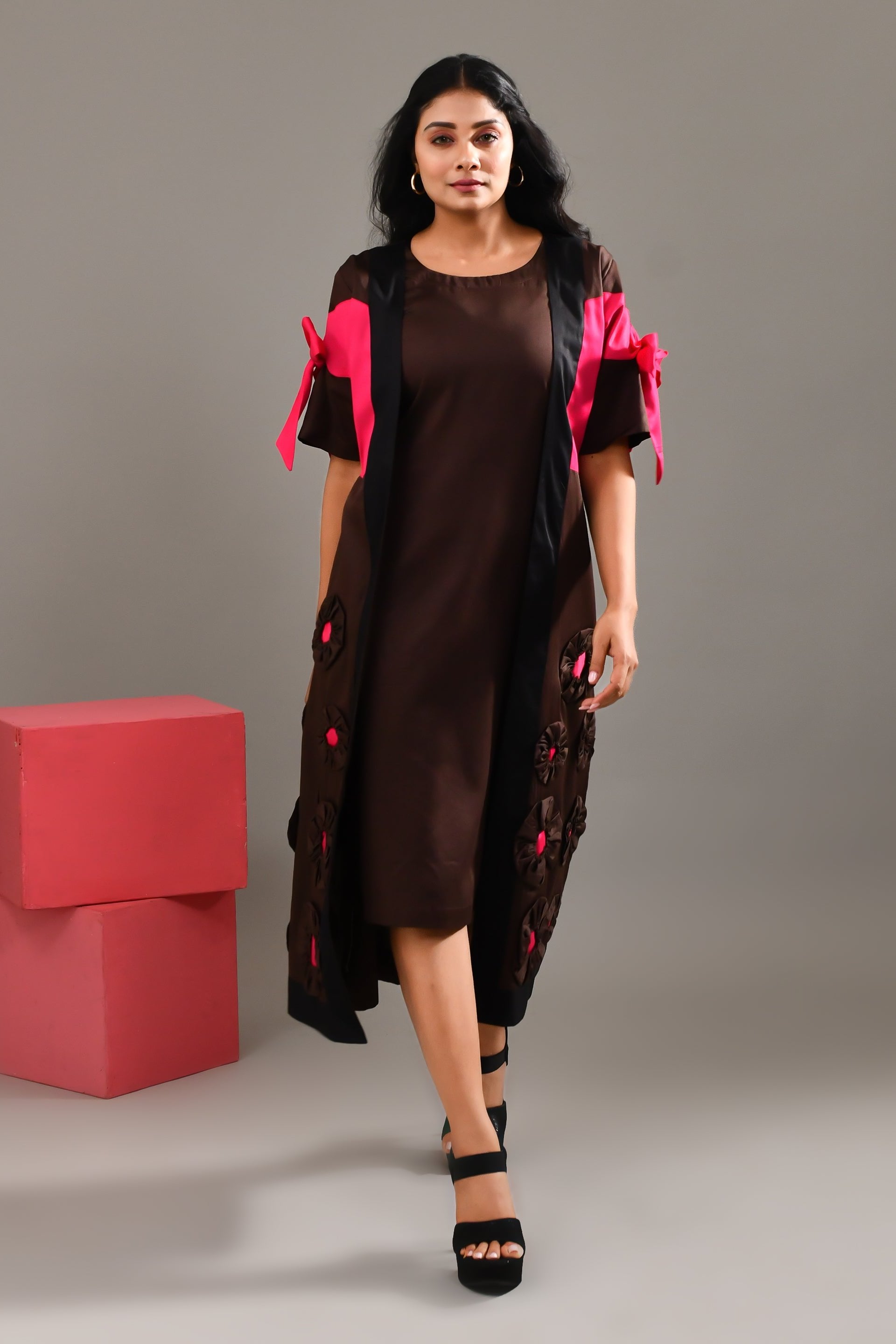 Chocolate Brown Blended Cotton Jacket Style Dress - Golden Muslin