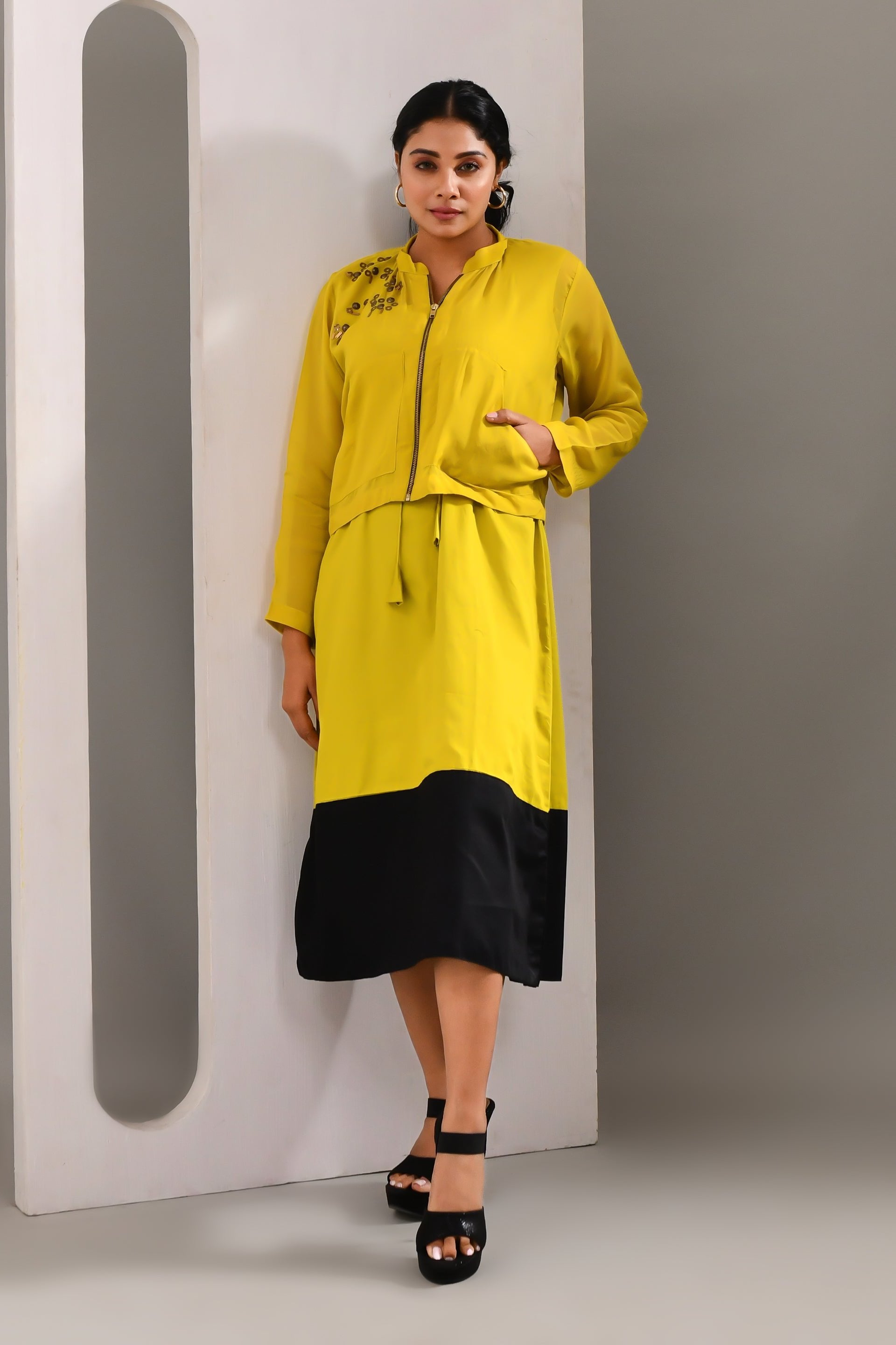 Deep Lime Green Blended Cotton and Organza Co Ord Set - Golden Muslin