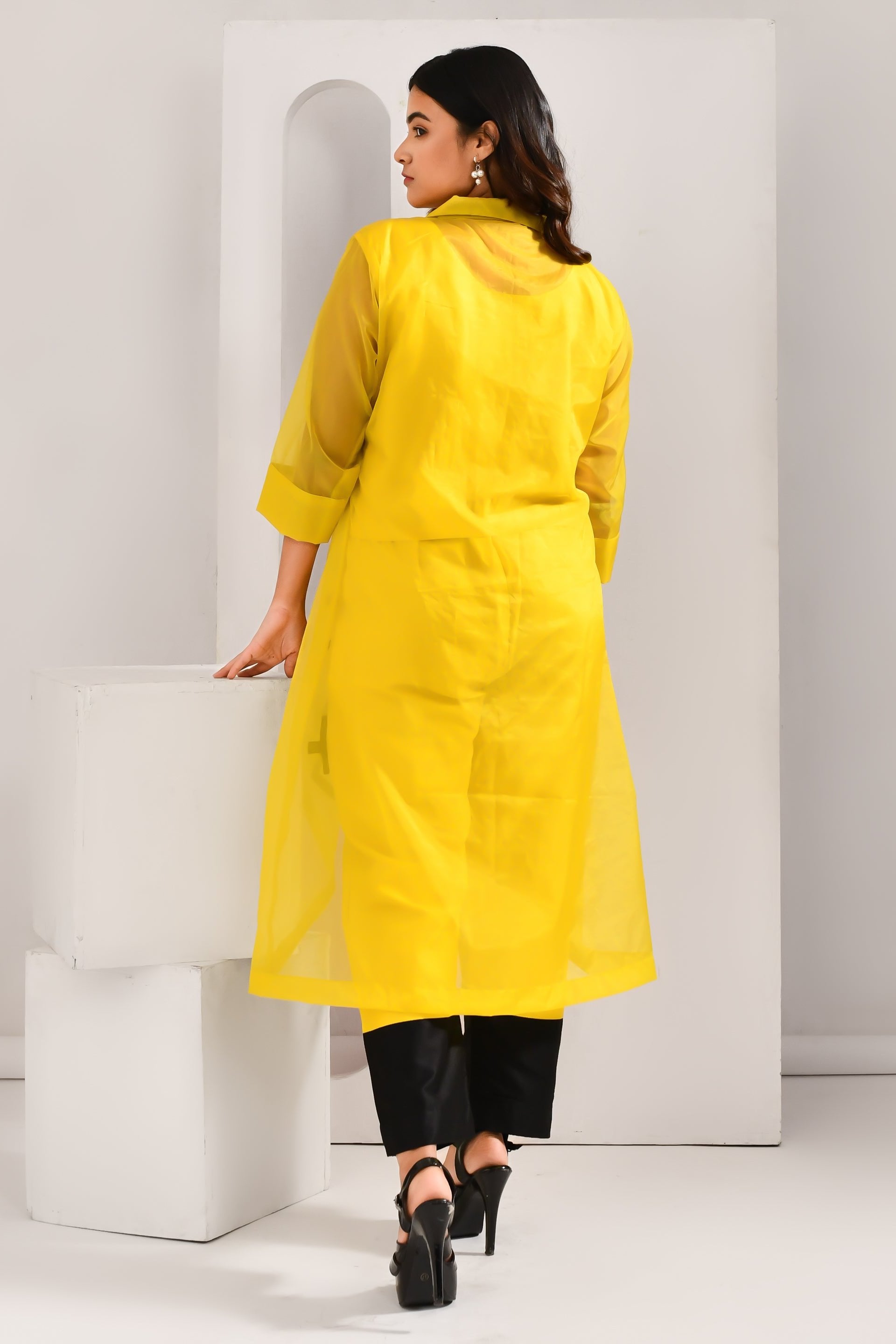 Yellow and Black Blended Cotton and Organza Co Ord Set - Golden Muslin
