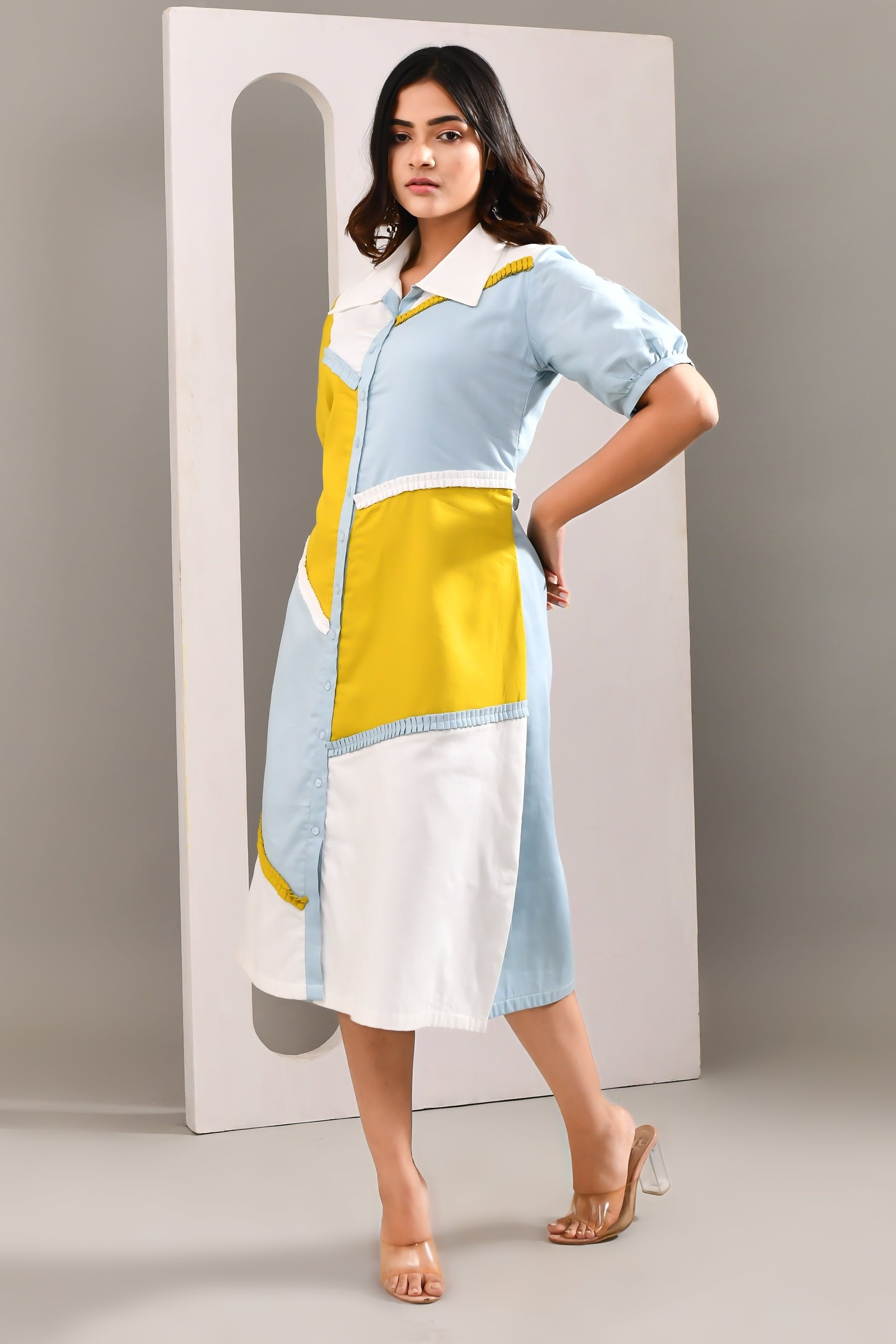 Multicolored Blended Cotton Zig Zag Patterned Dress - Golden Muslin