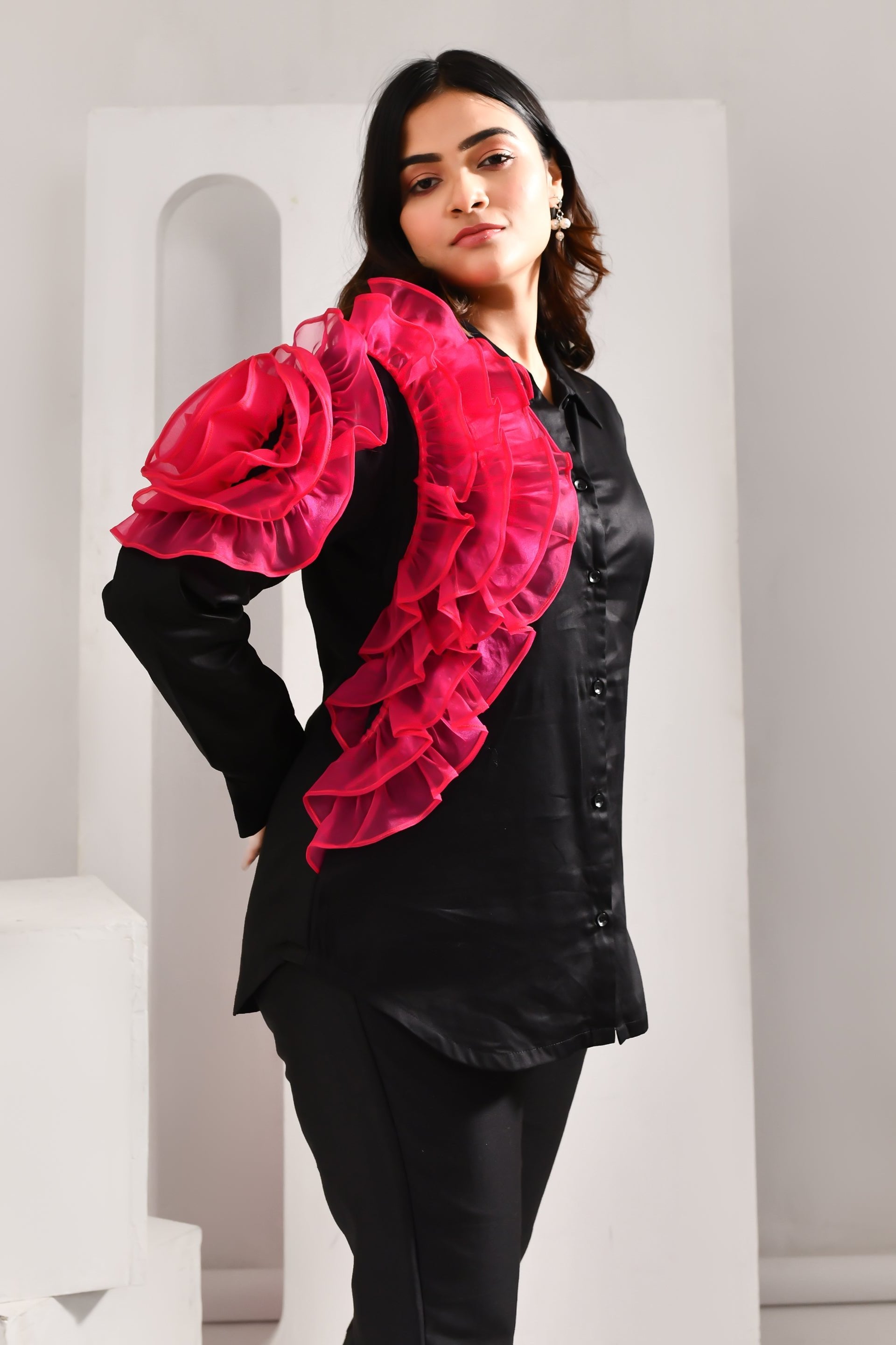 Black and Pink Flower Textured Blended Cotton Shirt - Golden Muslin