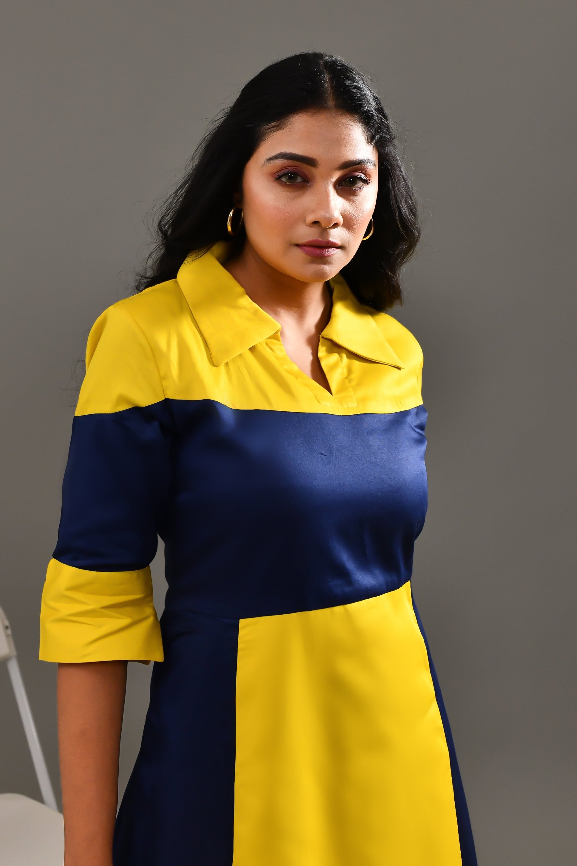 Yellow & Dark Blue Blended Cotton Self Patterned Dress - Golden Muslin