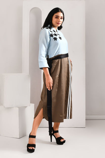 Light Blue & Mud Brown Blended Cotton Dual Structured Dress - Golden Muslin